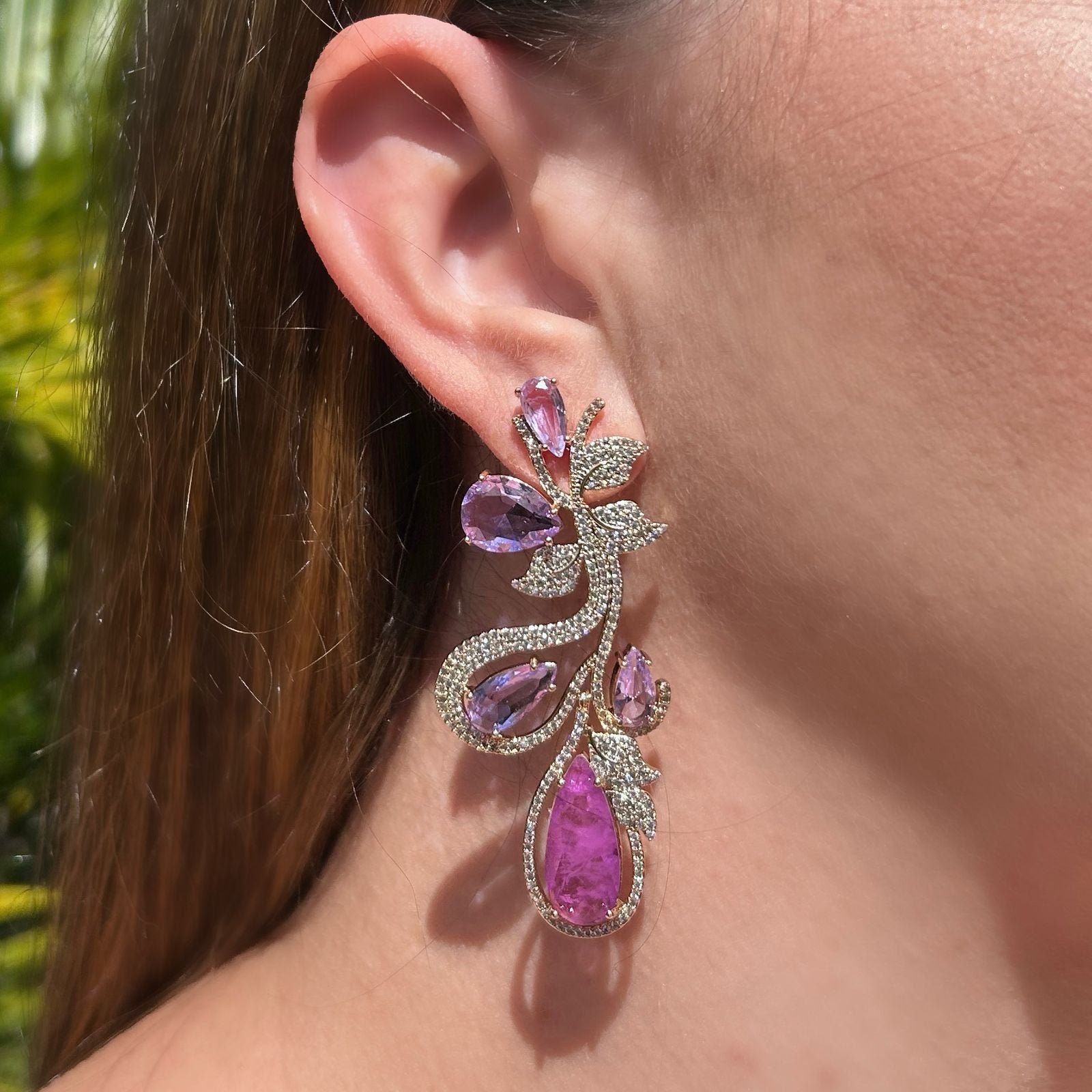 Conjunto Brinco e Anel Luxo Fúcsia e Ametista