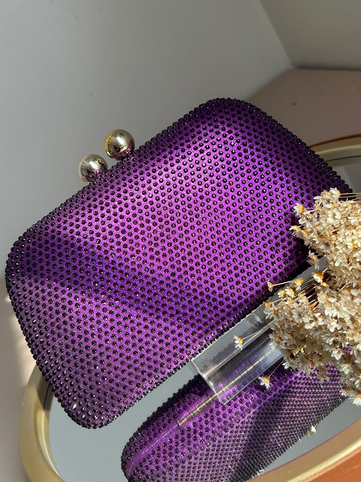 Clutch Cristais Ultra Violeta Fecho Esferas Douradas