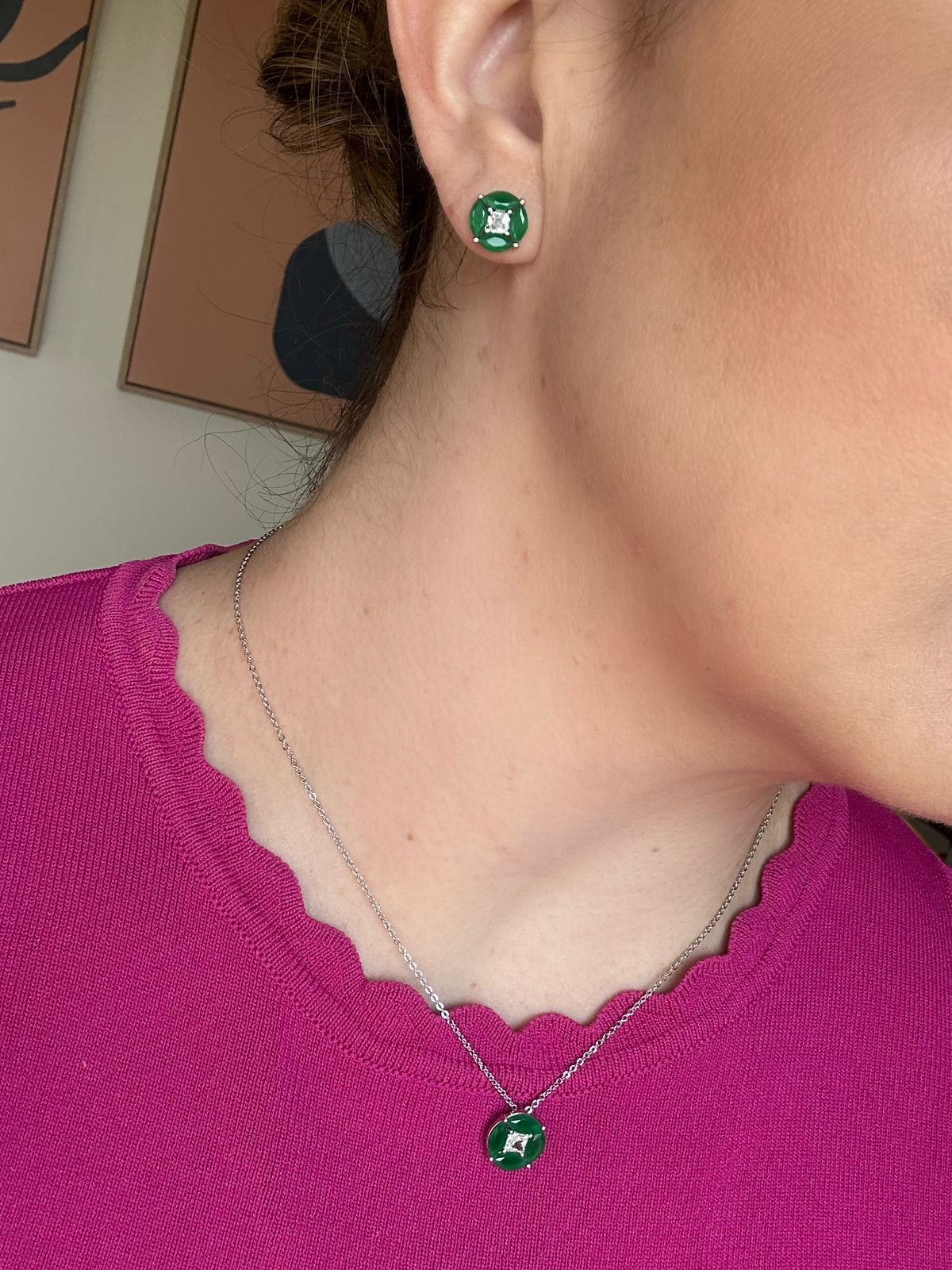 Conjunto Brinco e Colar Verde Esmeralda Banho Ródio Branco