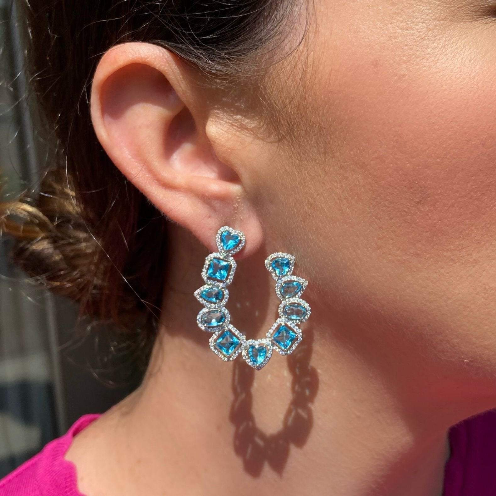 Brinco Argola Frontal Azul Ródio Branco