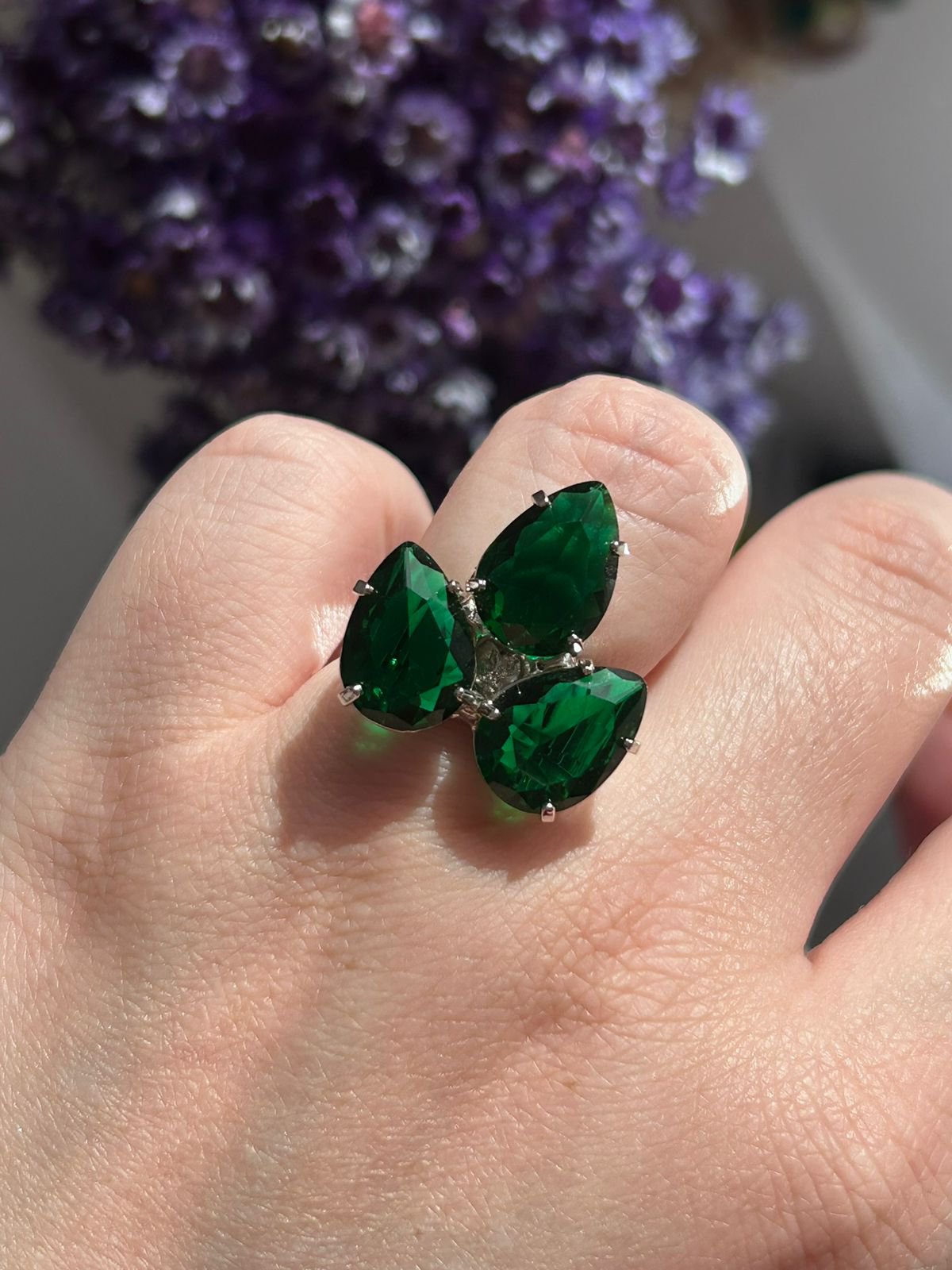 Anel 3 Gotas Verde Esmeralda Prateado