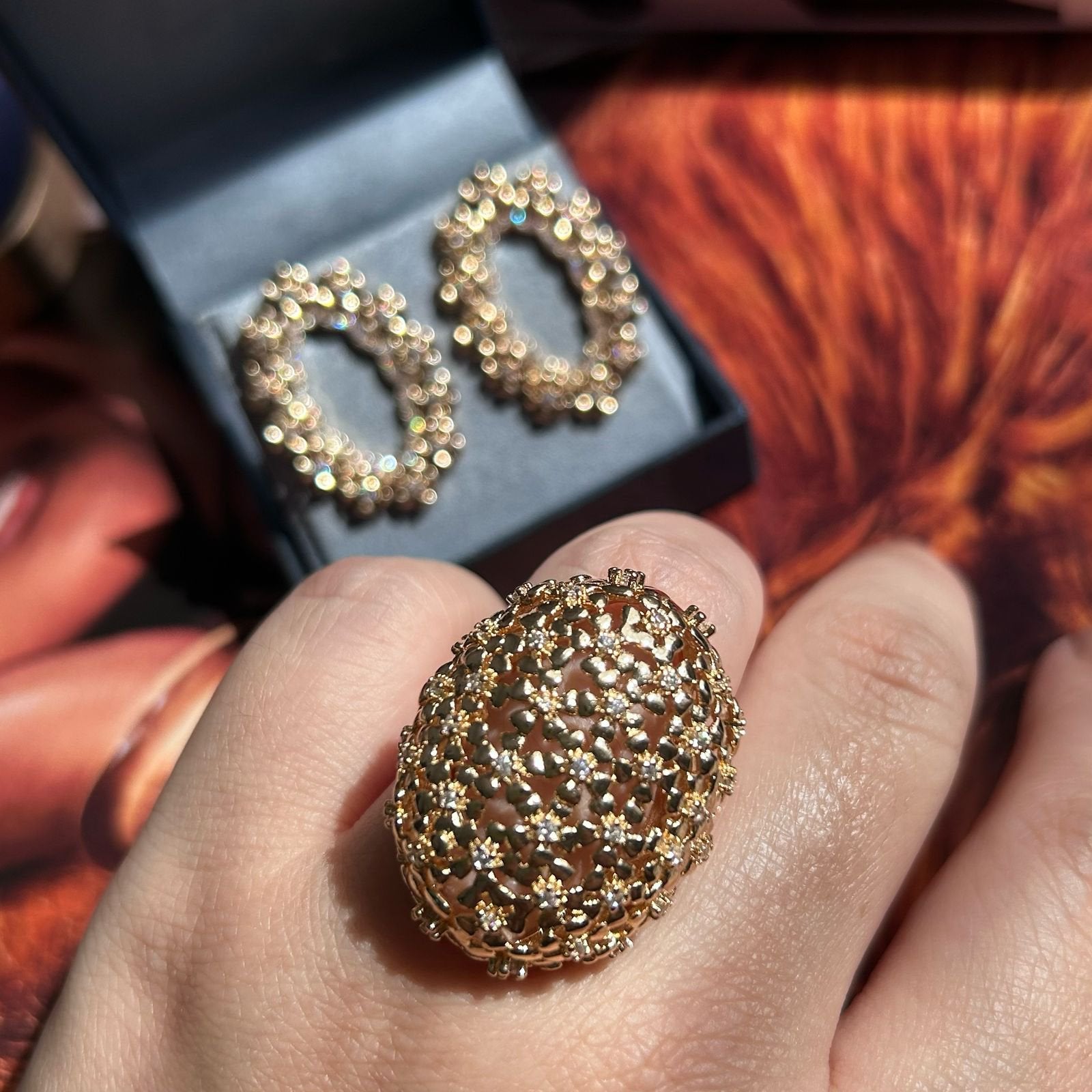 Conjunto Brinco e Anel Oval Dourado