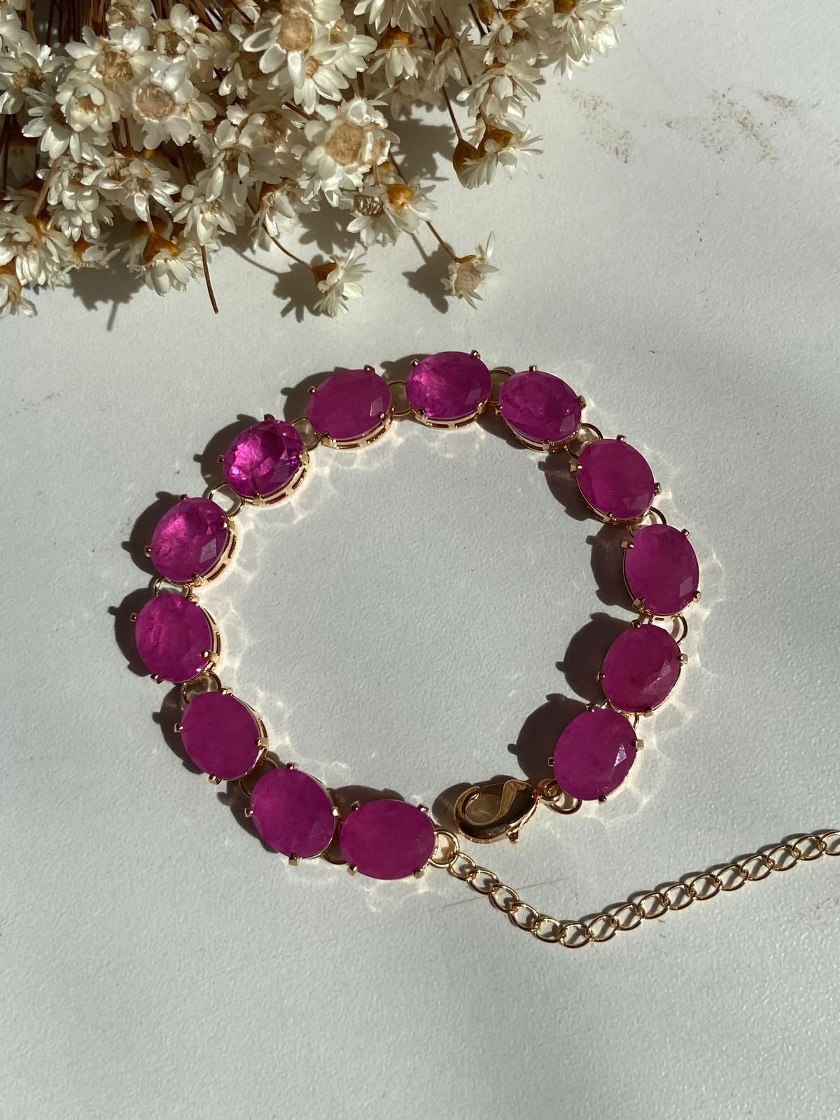 Pulseira Riviera Pedras Ovais Cor Pink Fusion Banho Ouro