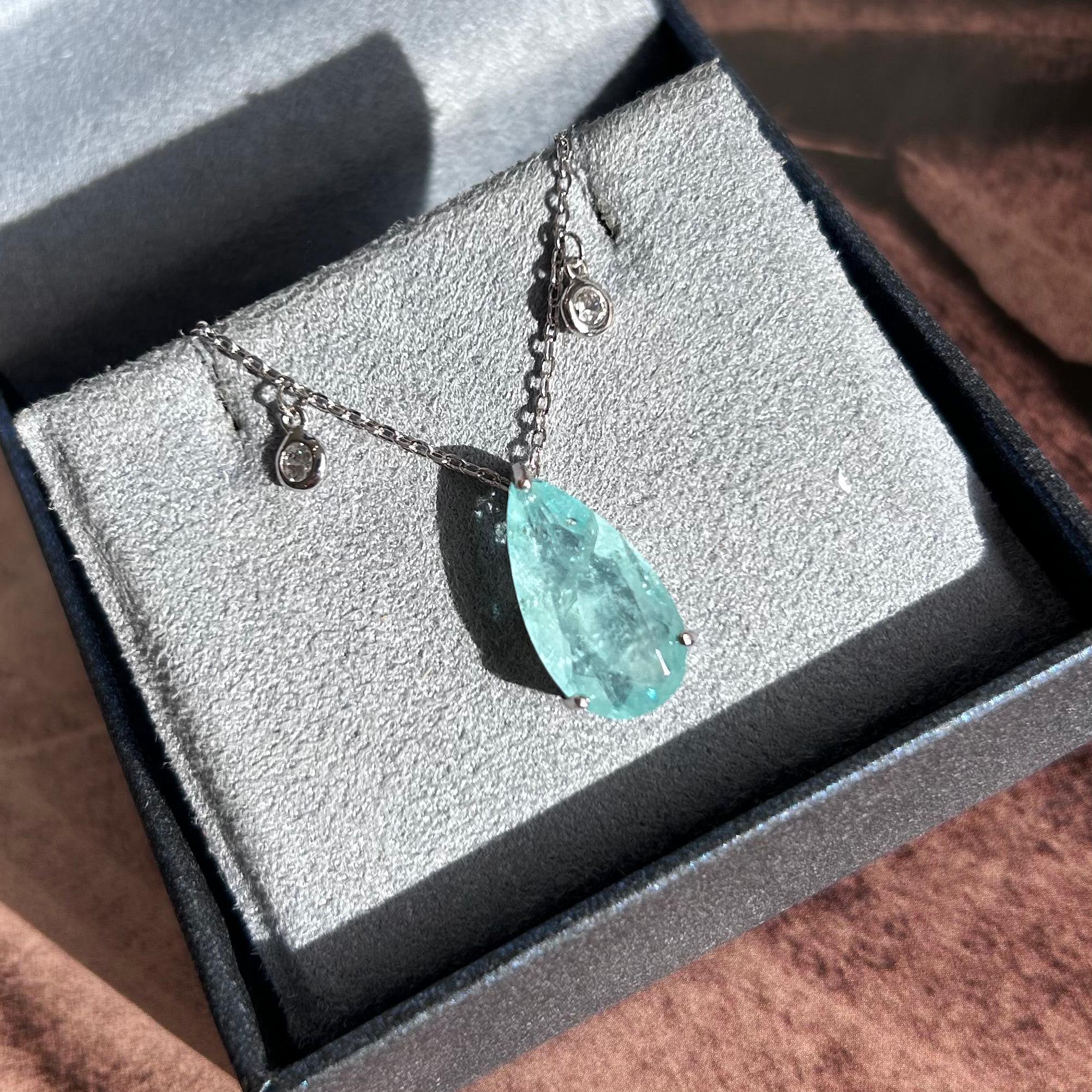 Colar Gota Turmalina Azul Claro e Zirconia Rodio Branco