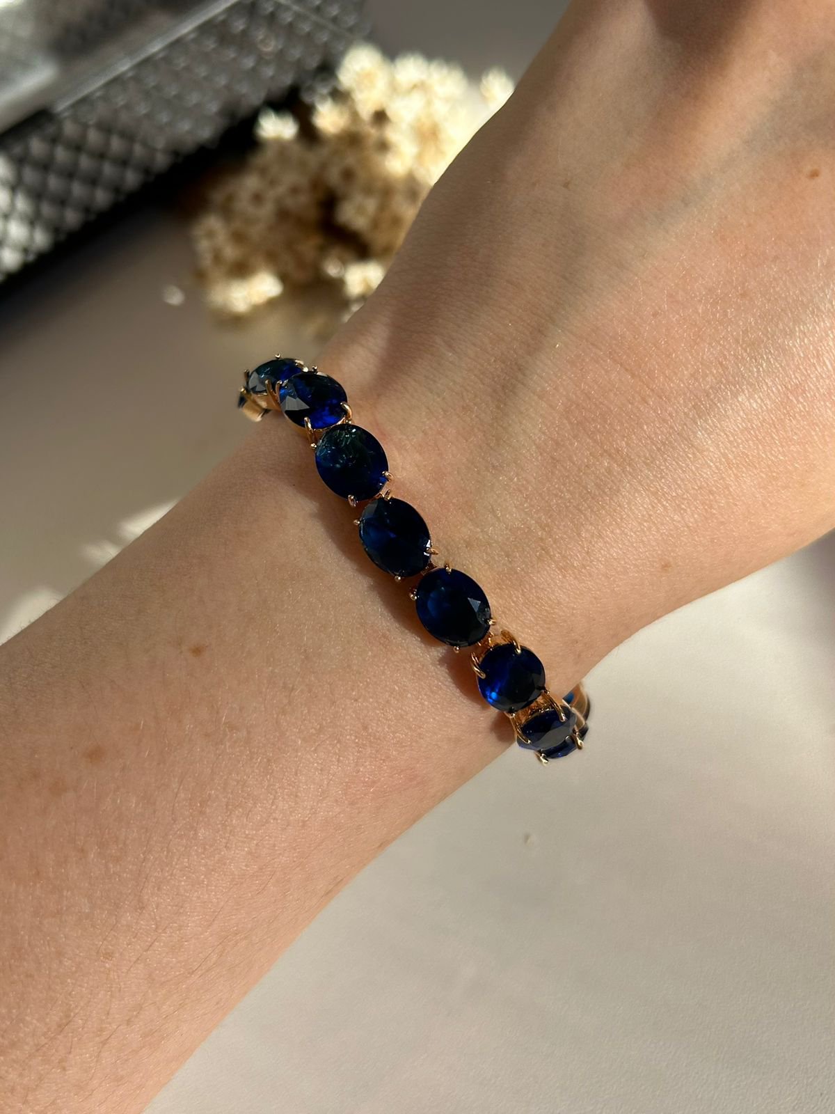 Pulseira Rivieira Pedras Ovais Safira Azul Em Ouro