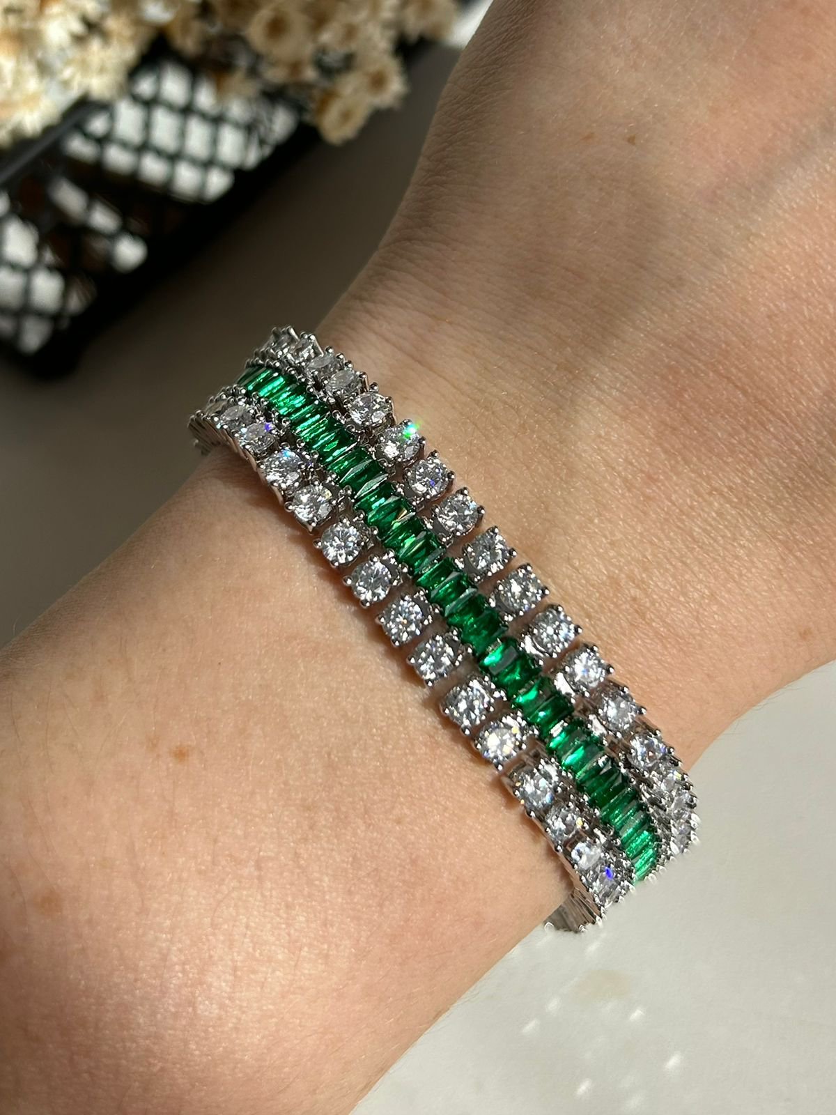 Pulseira Três Fileiras Verde Esmeralda