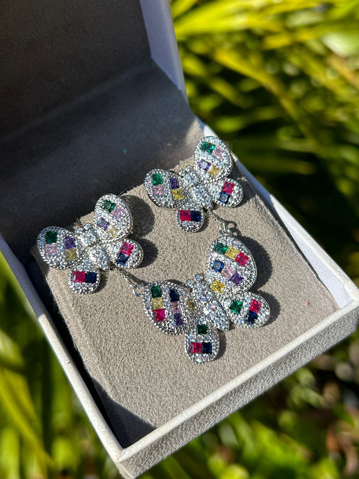 Conjunto Brinco e Colar Borboleta Ródio Branco