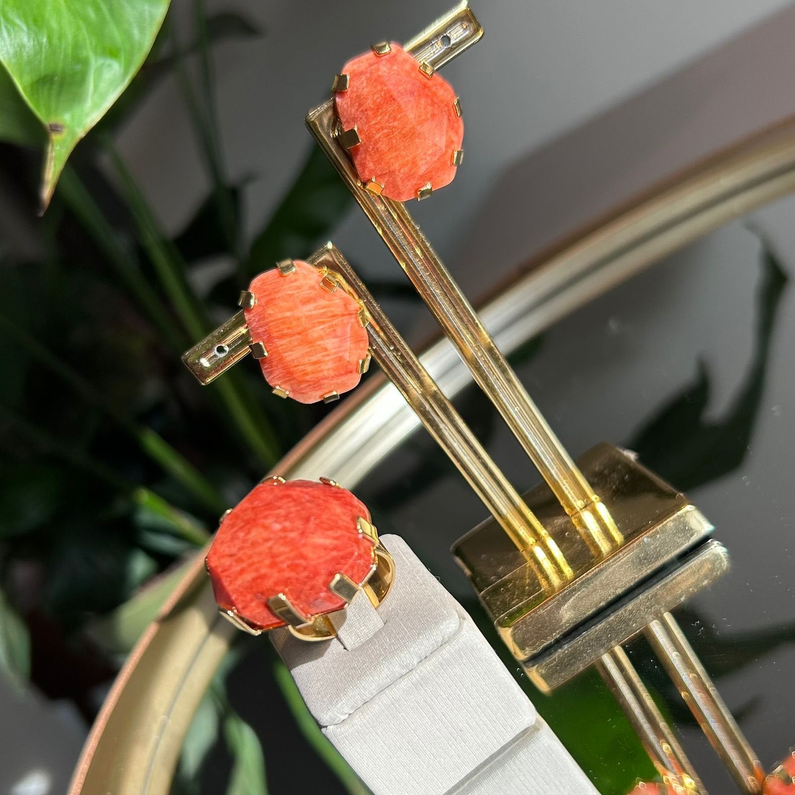 Conjunto Brinco e Anel Pedra Natural Feldspato