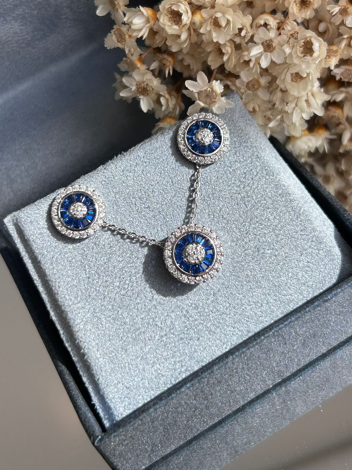 Conjunto Brinco e Colar Pizza Azul Safira Prateado
