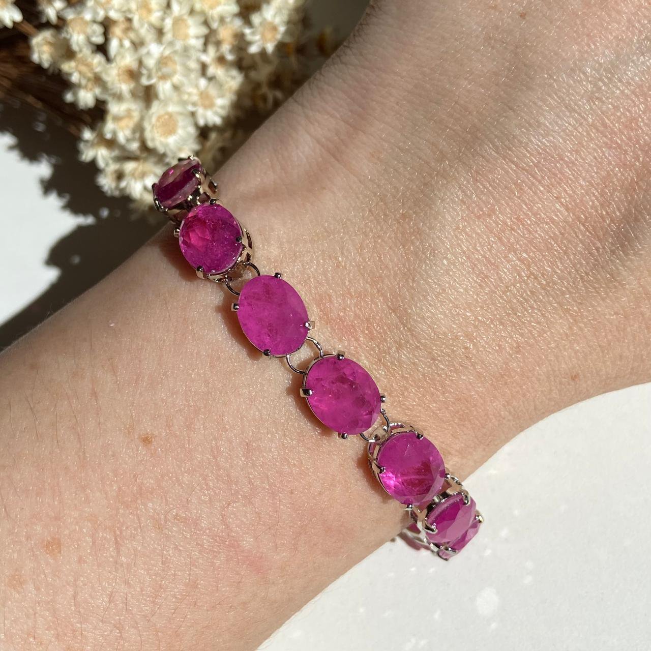 Pulseira Riviera Pedras Ovais Cor Pink Fusion Ródio Branco