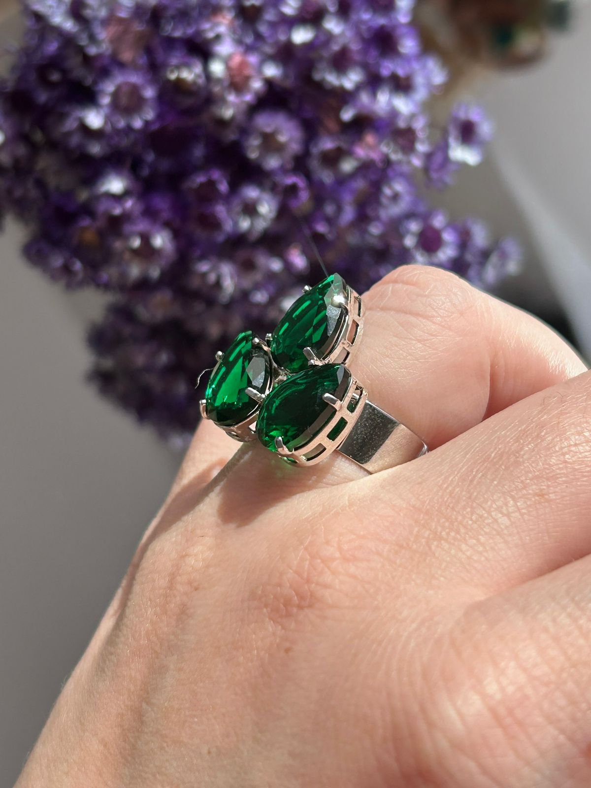 Anel 3 Gotas Verde Esmeralda Prateado