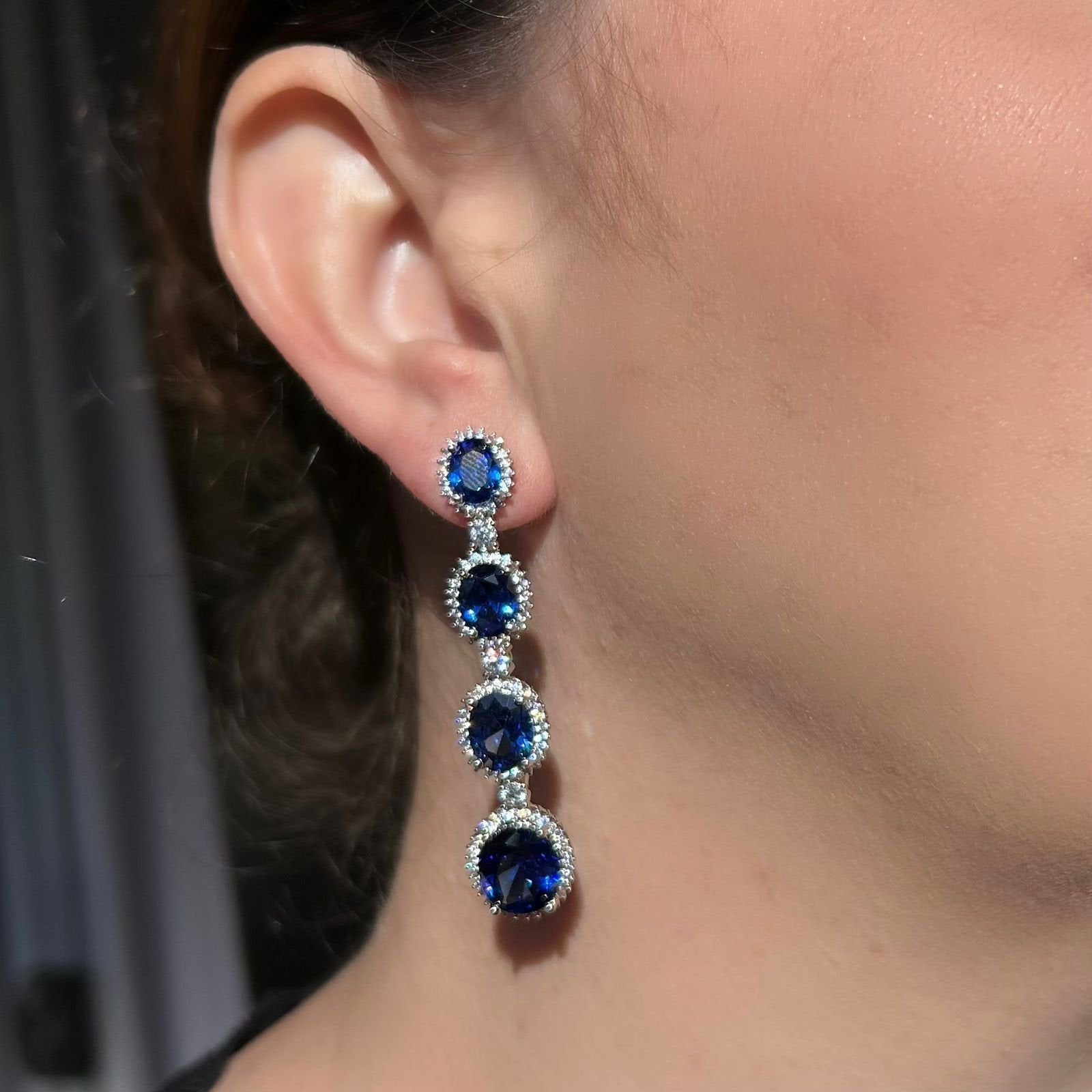 Brinco Luxo Pedras Ovais Azul Safira