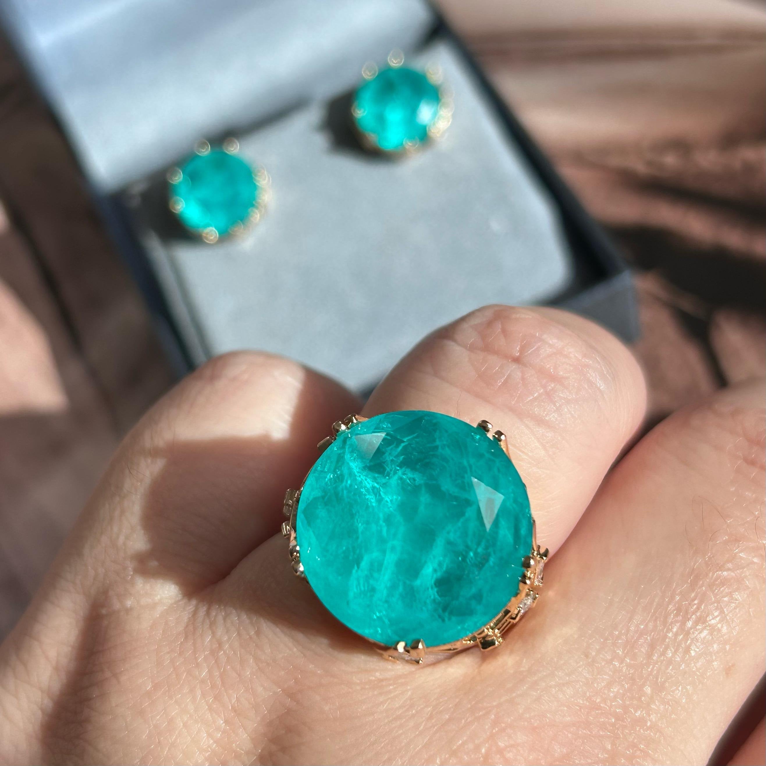 Conjunto Brinco Solitário e Anel Turmalina Azul