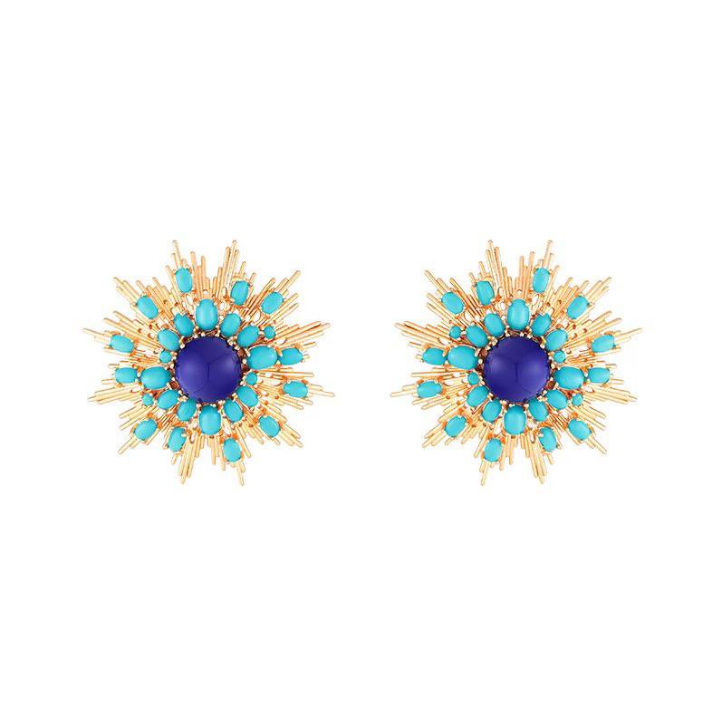 Conjunto Brinco e Anel Raios Azul Turquesa Dourado
