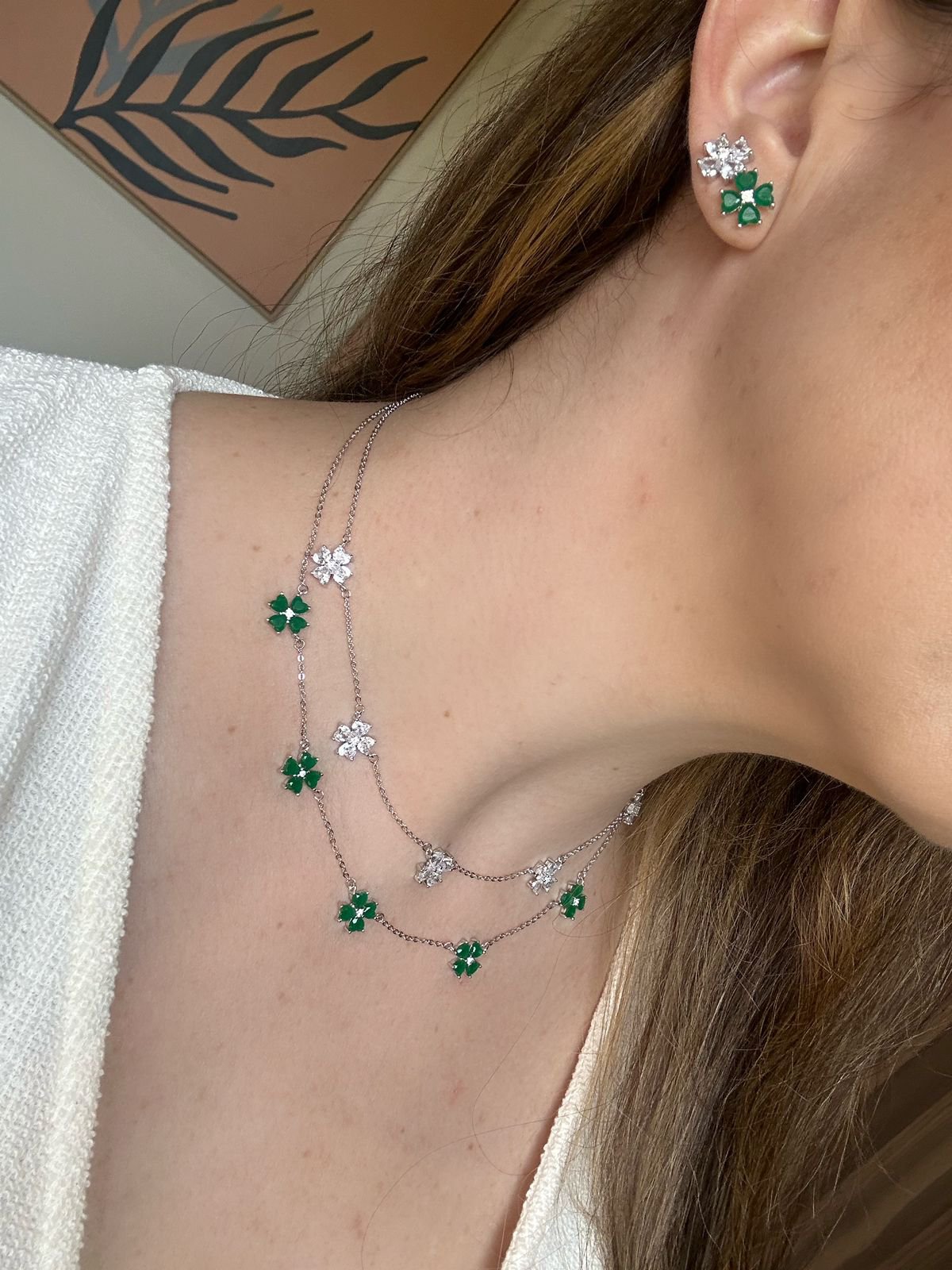 Conjunto Brinco e Colar Trevo Coração Verde Esmeralda