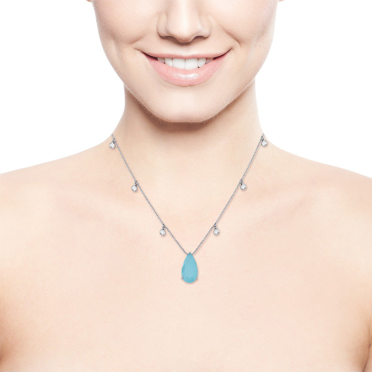 Colar Gota Turmalina Azul Claro e Zirconia Rodio Branco