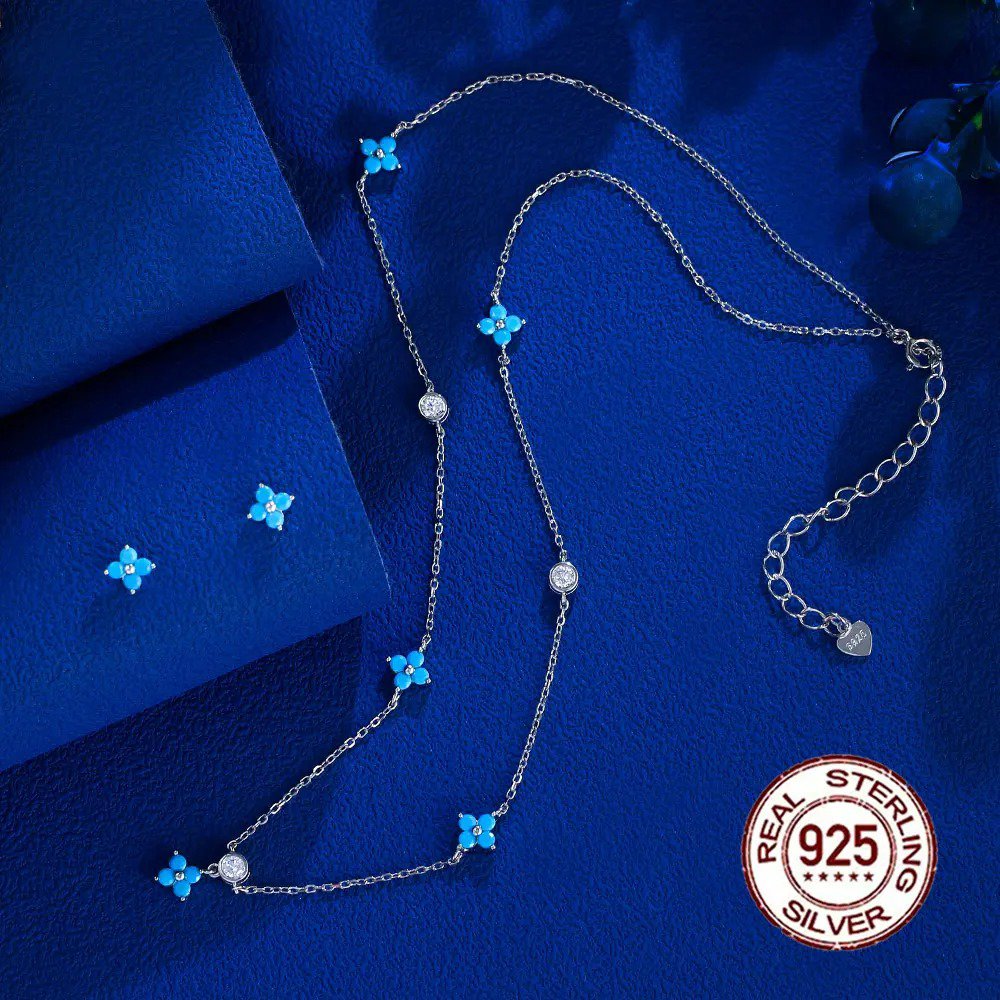 Conjunto Brinco e Colar Flor Turquesa Prata 925