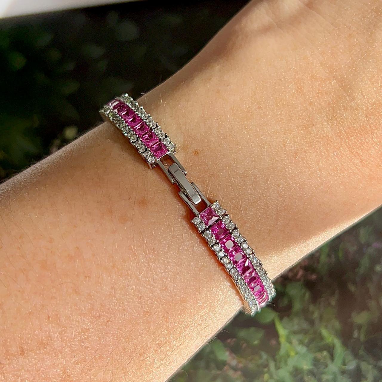 Pulseira Três Fileiras Safira Rosa/Pink