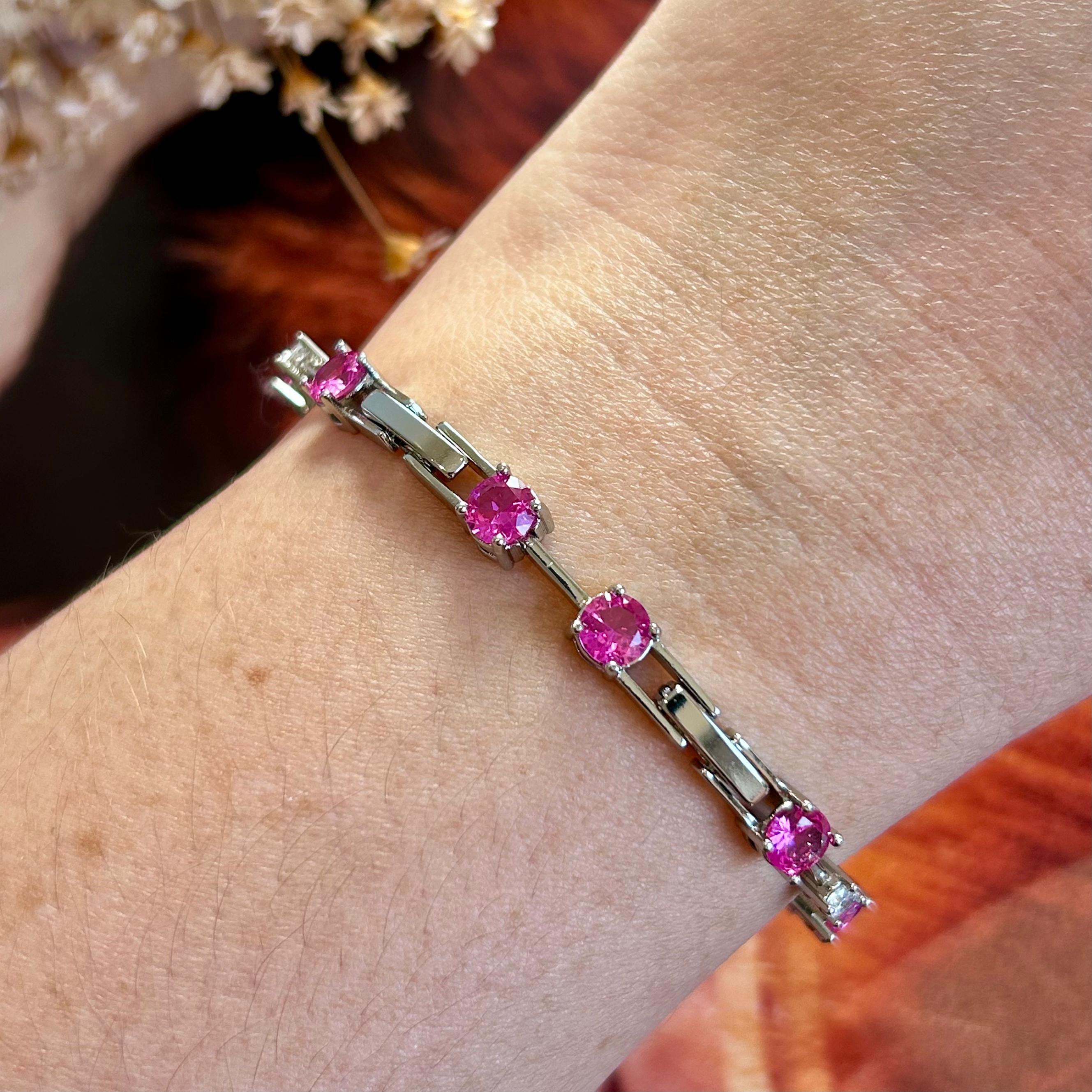 Pulseira riviera Fio Faca Zircônias Safira Rosa/Pink