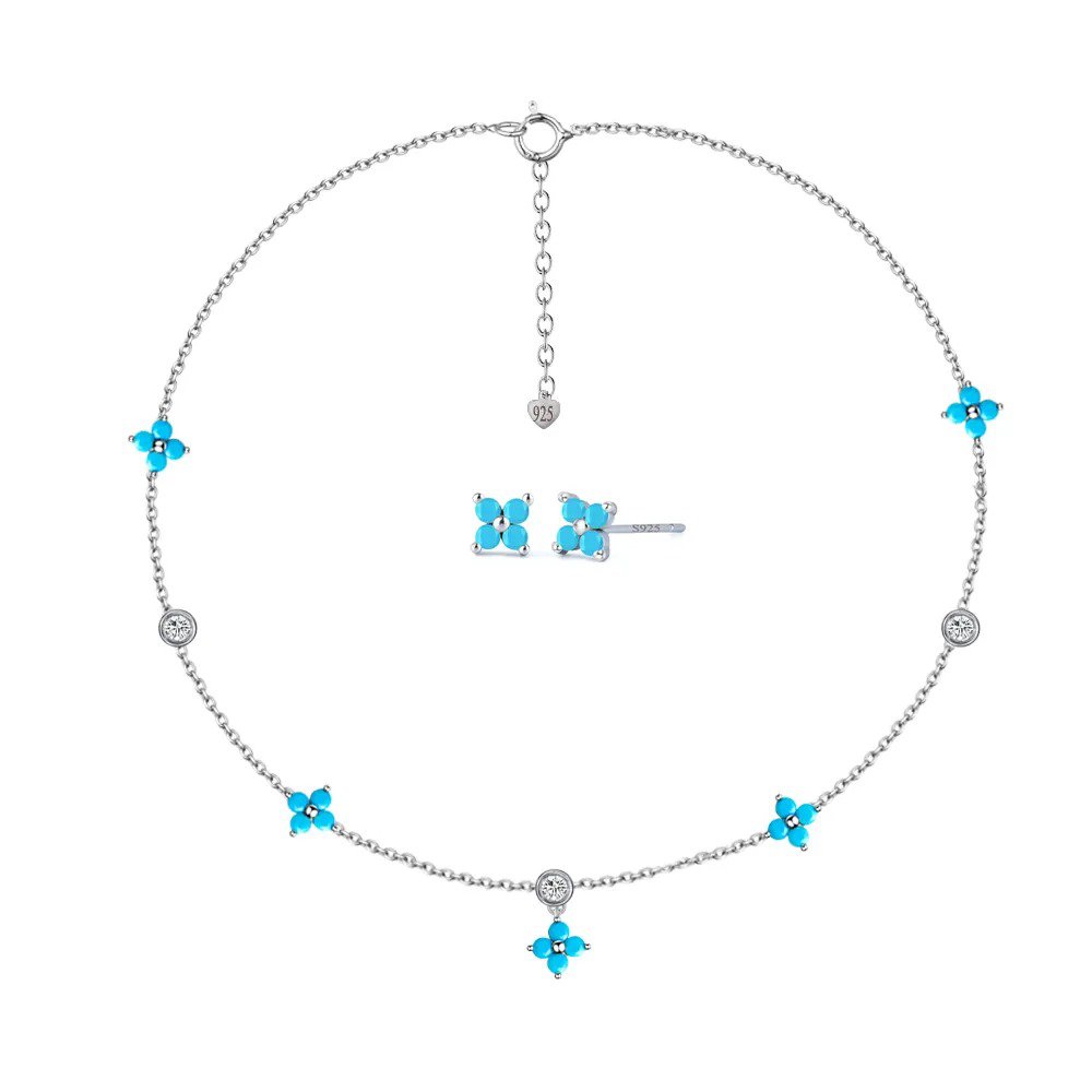 Conjunto Brinco e Colar Flor Turquesa Prata 925