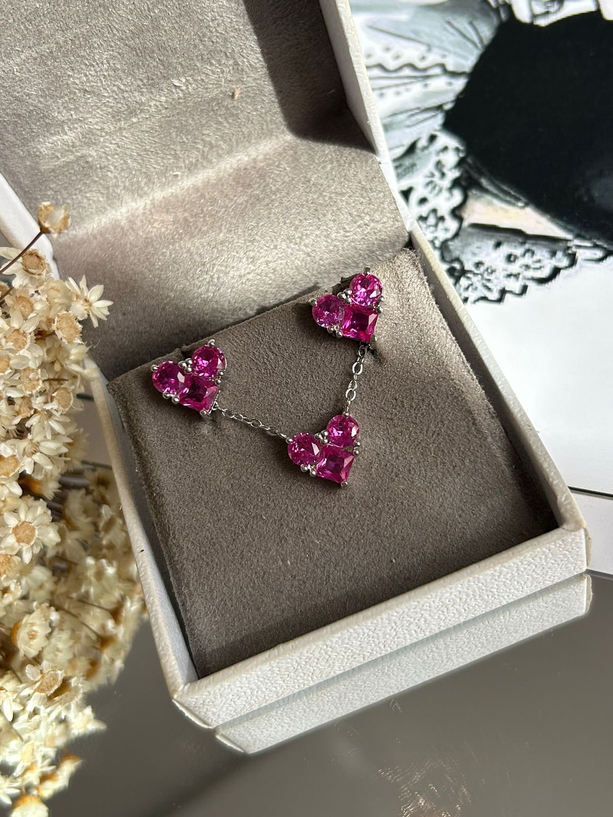 Conjunto Coração Tres Pedras Safira Rosa/Pink