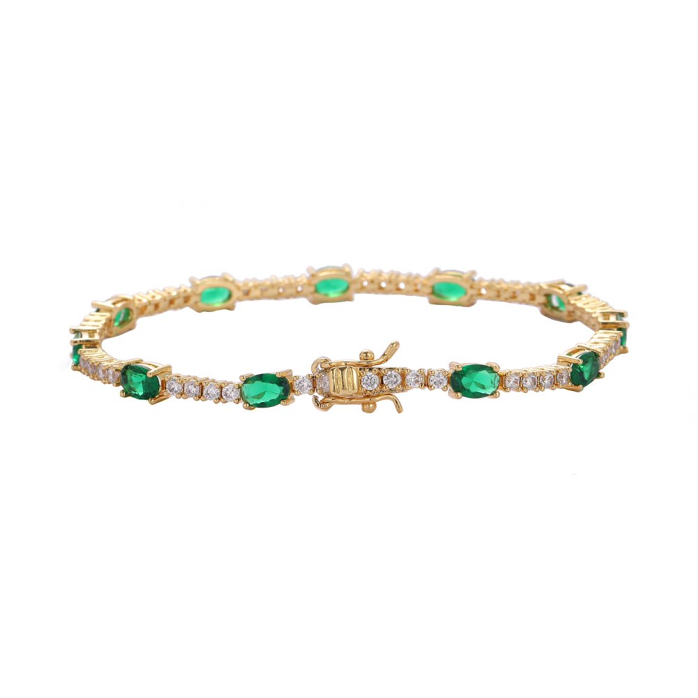 Pulseira Riviera com Pedras Ovais Verde Esmeralda Banho de Ouro.