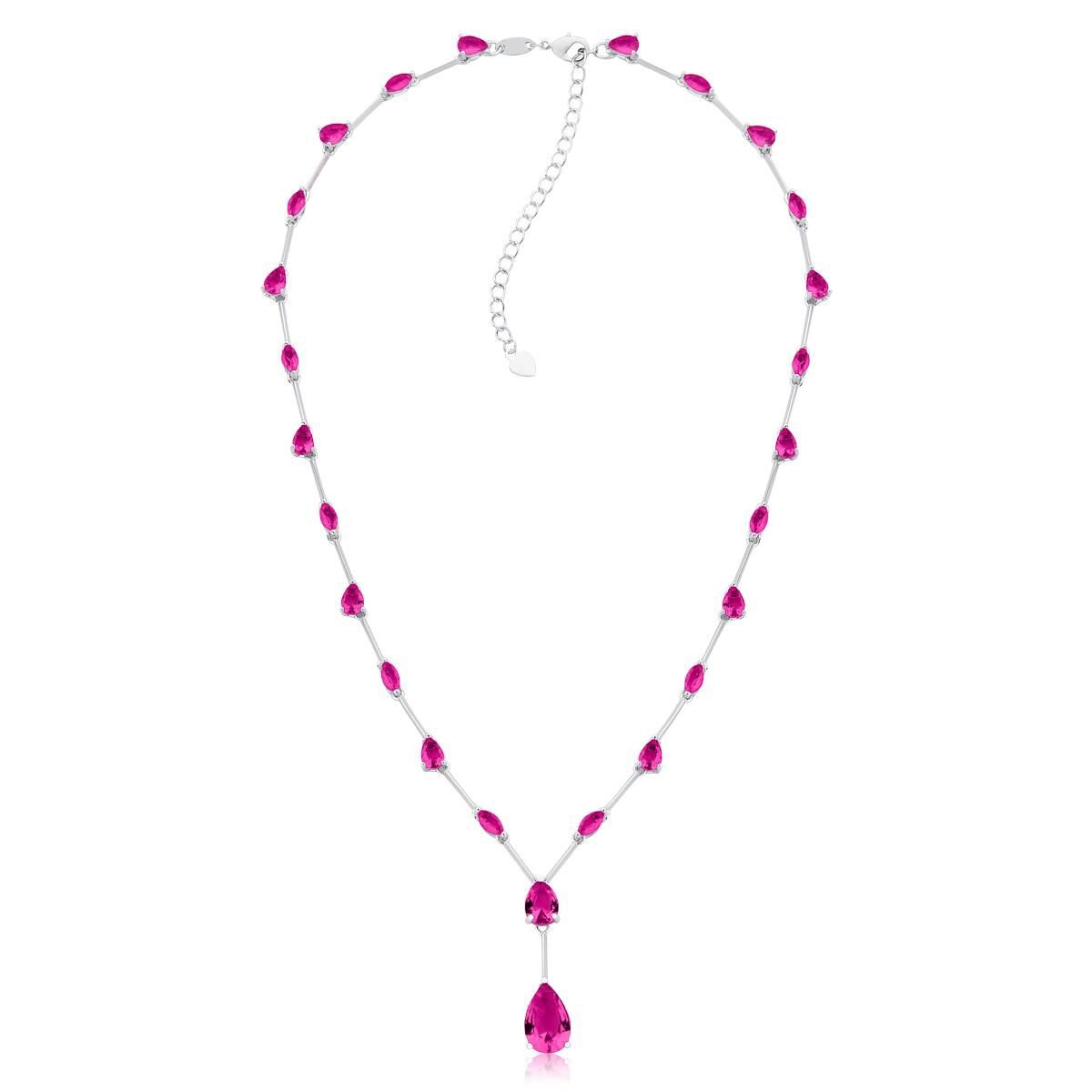 Colar Luxo Gotas Safira Rosa/Pink Prateado