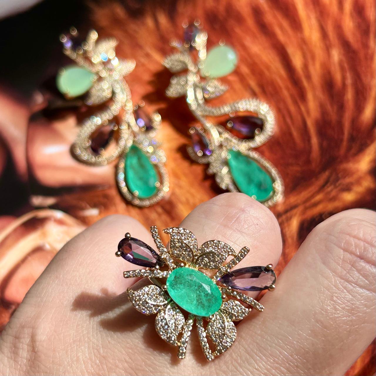 Conjunto Brinco e Anel Luxo Turmalina e Ametista