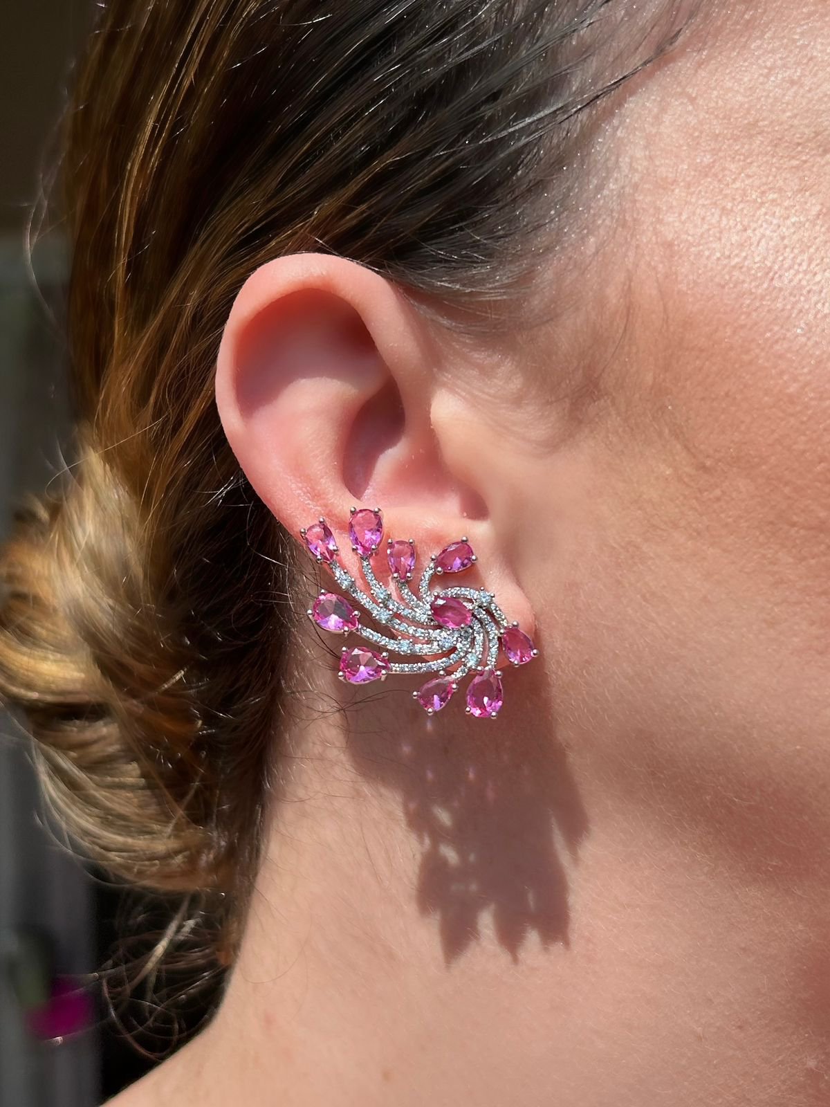 Brinco Espiral Gotas Safira Rosa/Pink Prateado