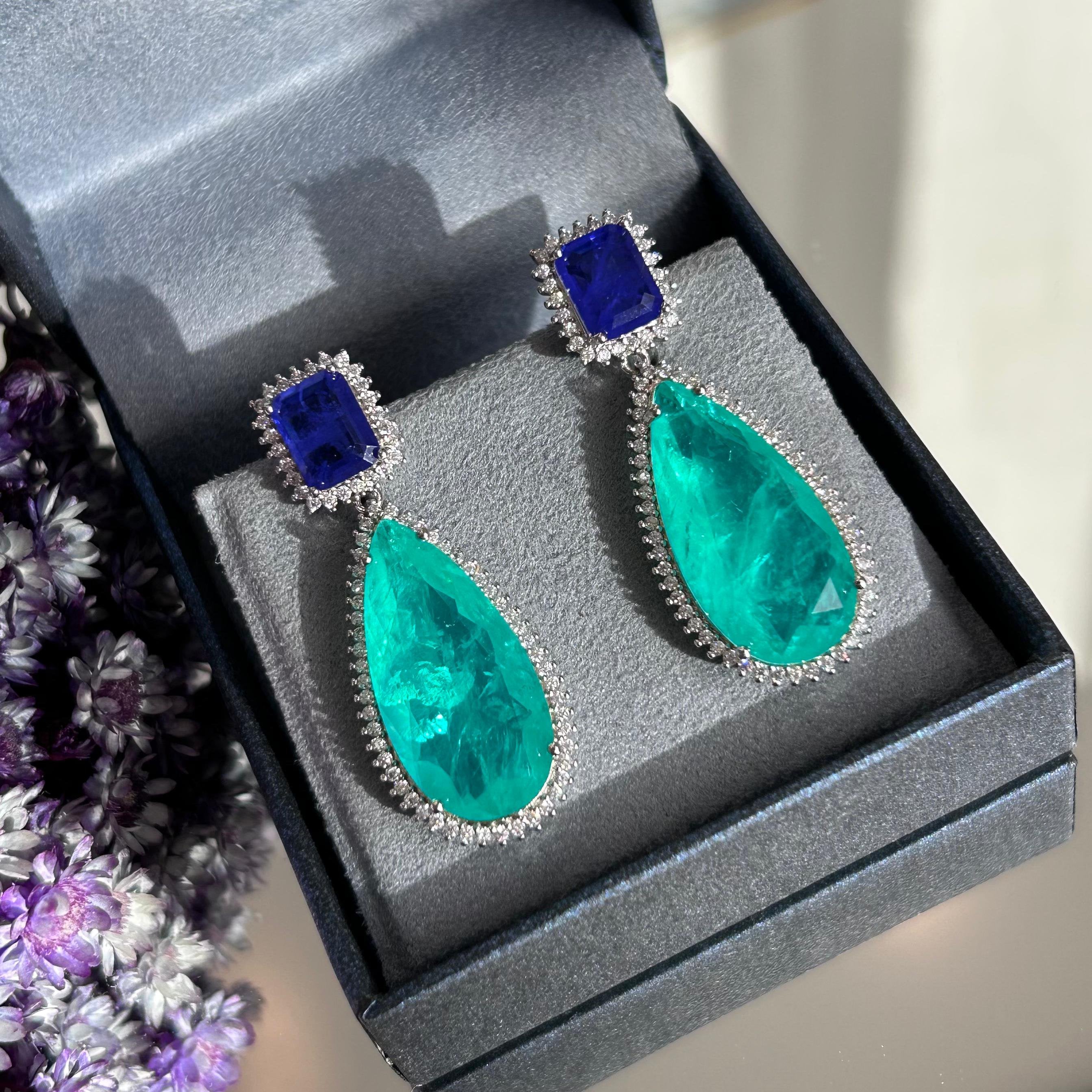 Brinco Luxo Turmalina e Azul Safira Prateado