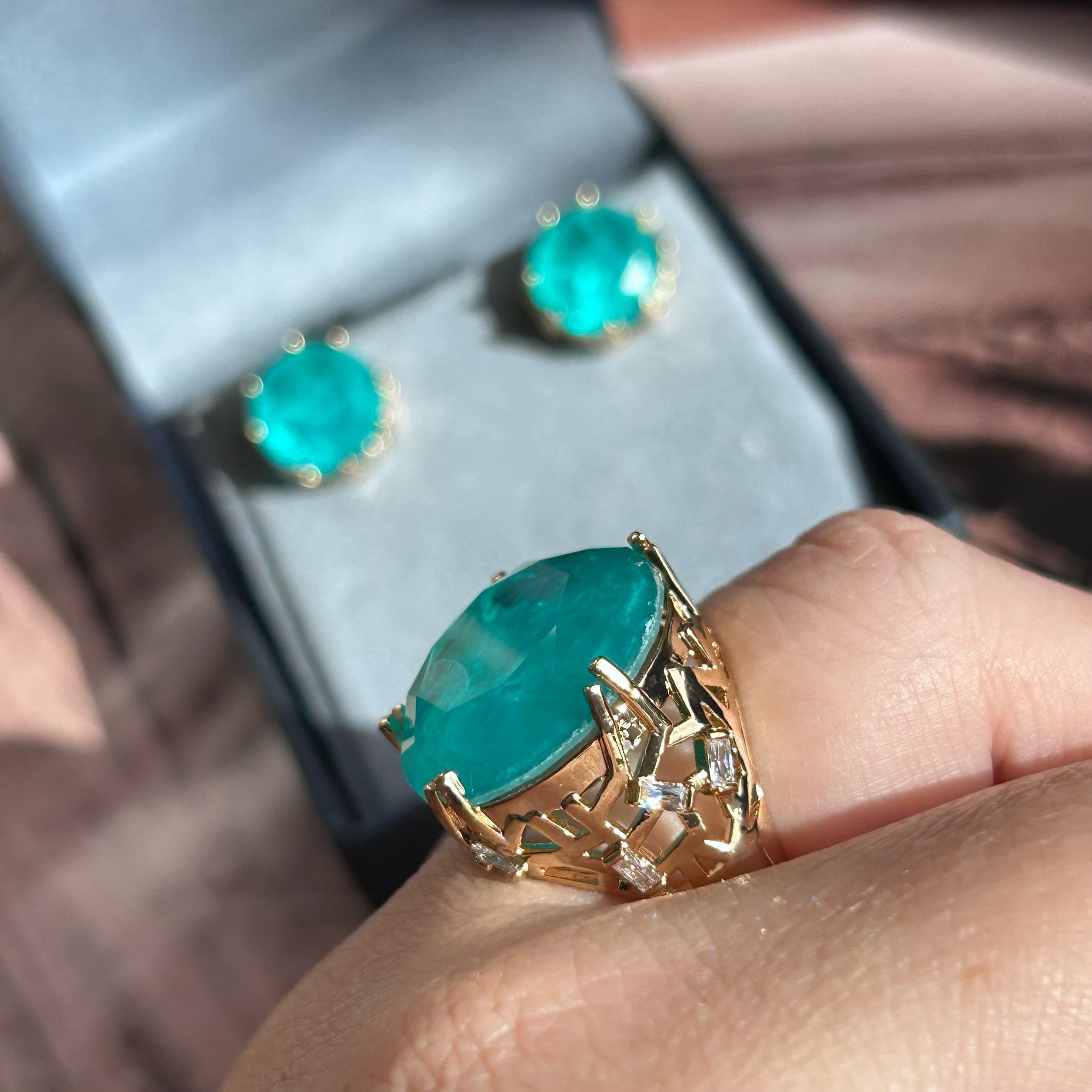 Conjunto Brinco Solitário e Anel Turmalina Azul