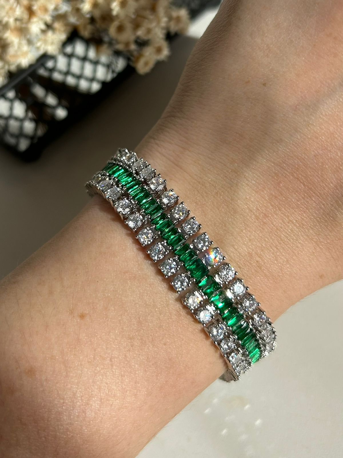 Pulseira Três Fileiras Verde Esmeralda