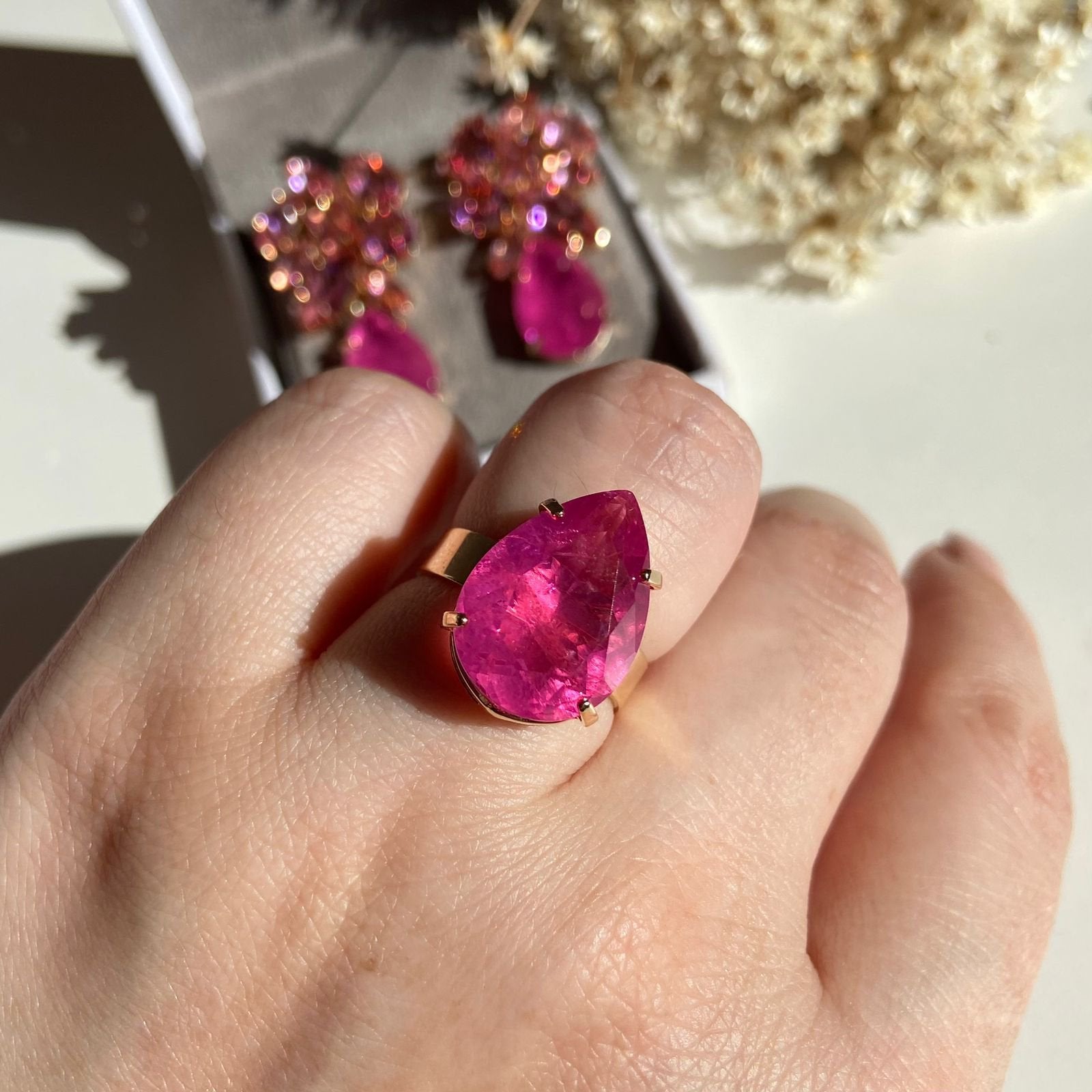 Anel Gota Pink Banho de Ouro