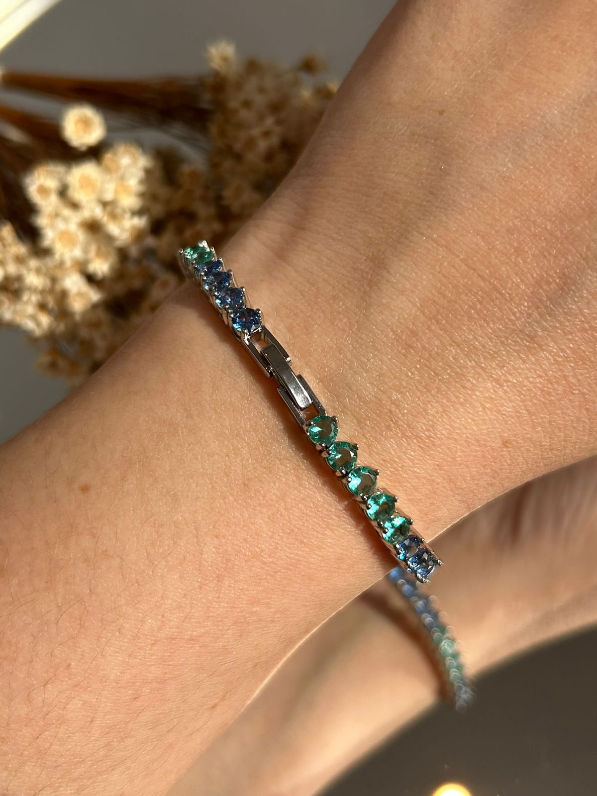 Pulseira Riviera 3 Garras 4mm Mesclada Azul e Verde