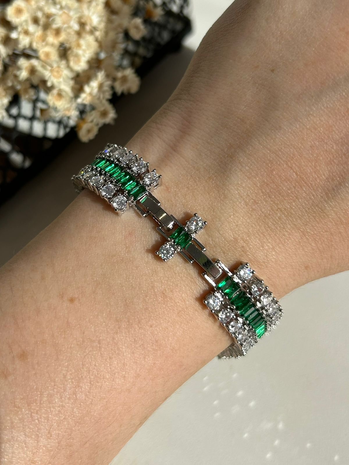 Pulseira Três Fileiras Verde Esmeralda