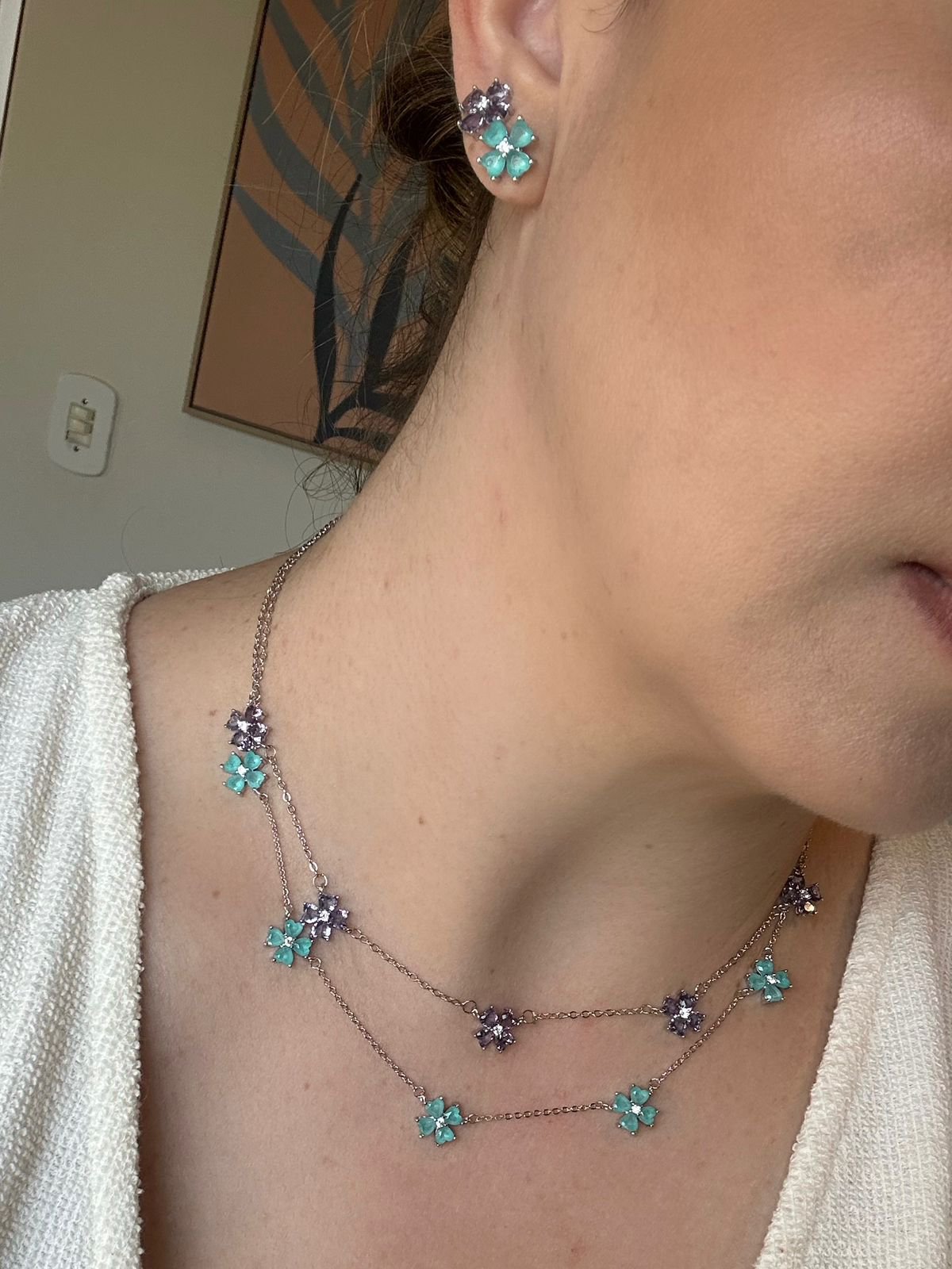 Conjunto Brinco e Colar Trevo Coração Ametista