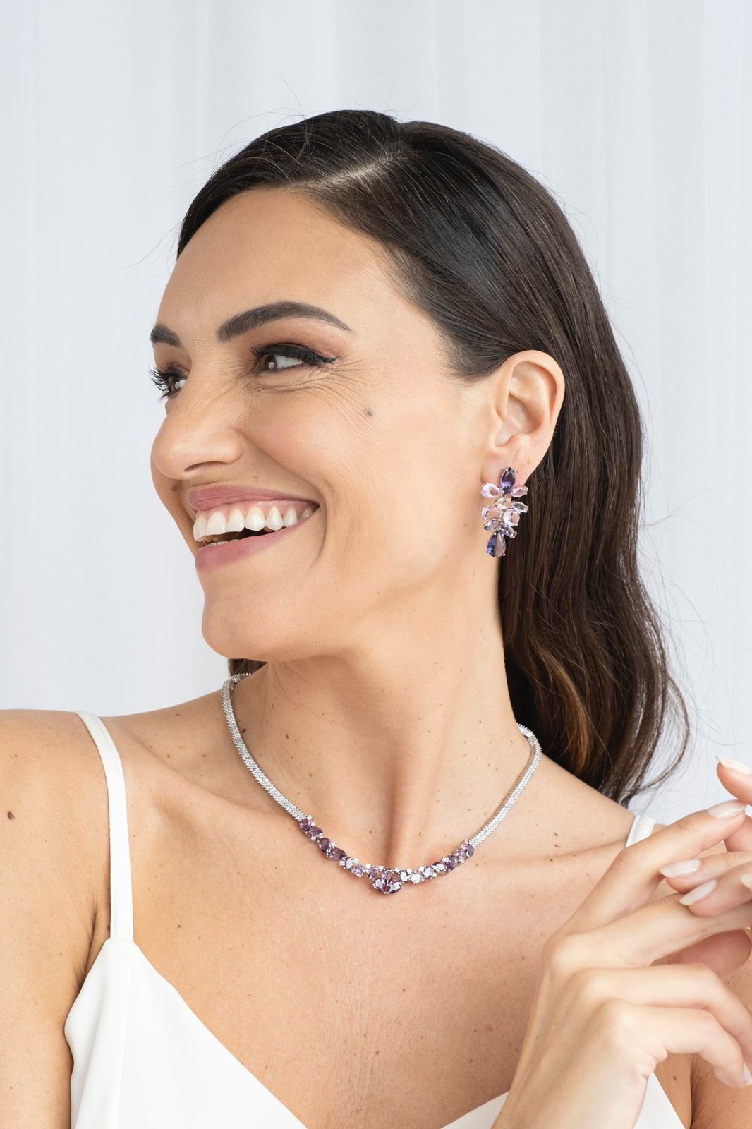 Brinco Pedras Navetes Ametista e Kunzita Prateado