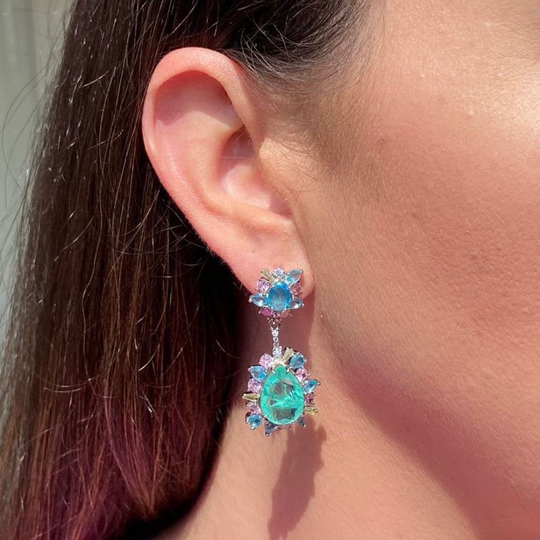 Brinco Turmalina e Zircônias Coloridas Ródio Branco