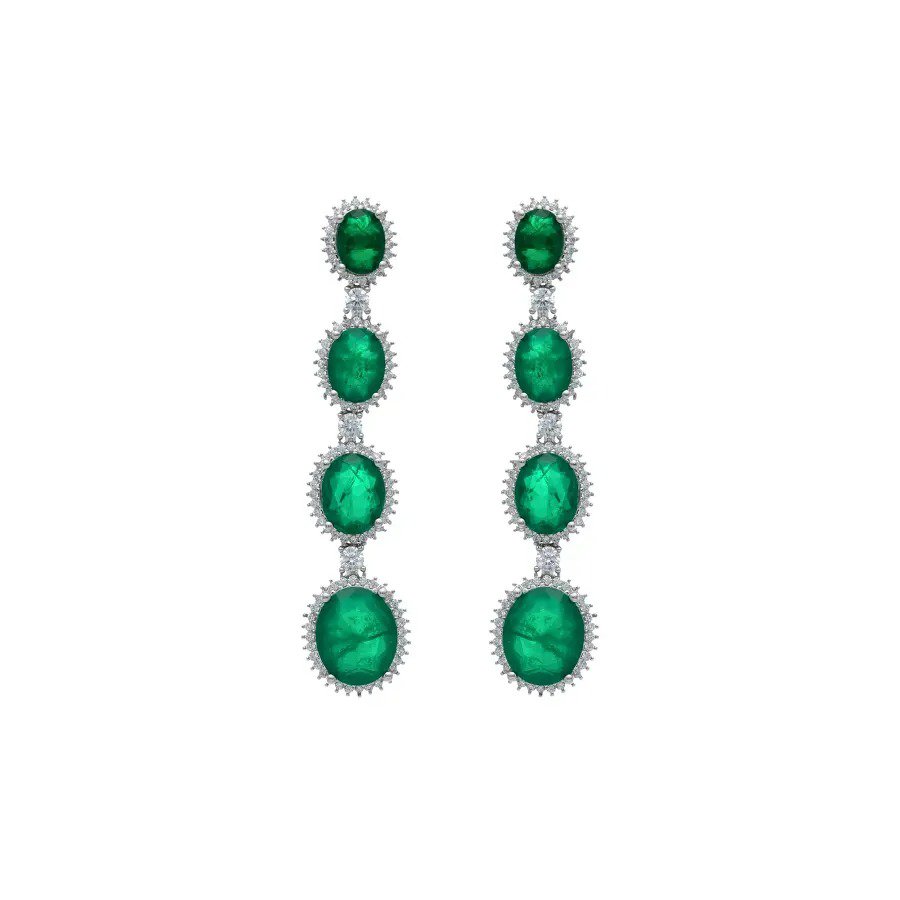 Brinco Luxo Pedras Ovais Verde Esmeralda