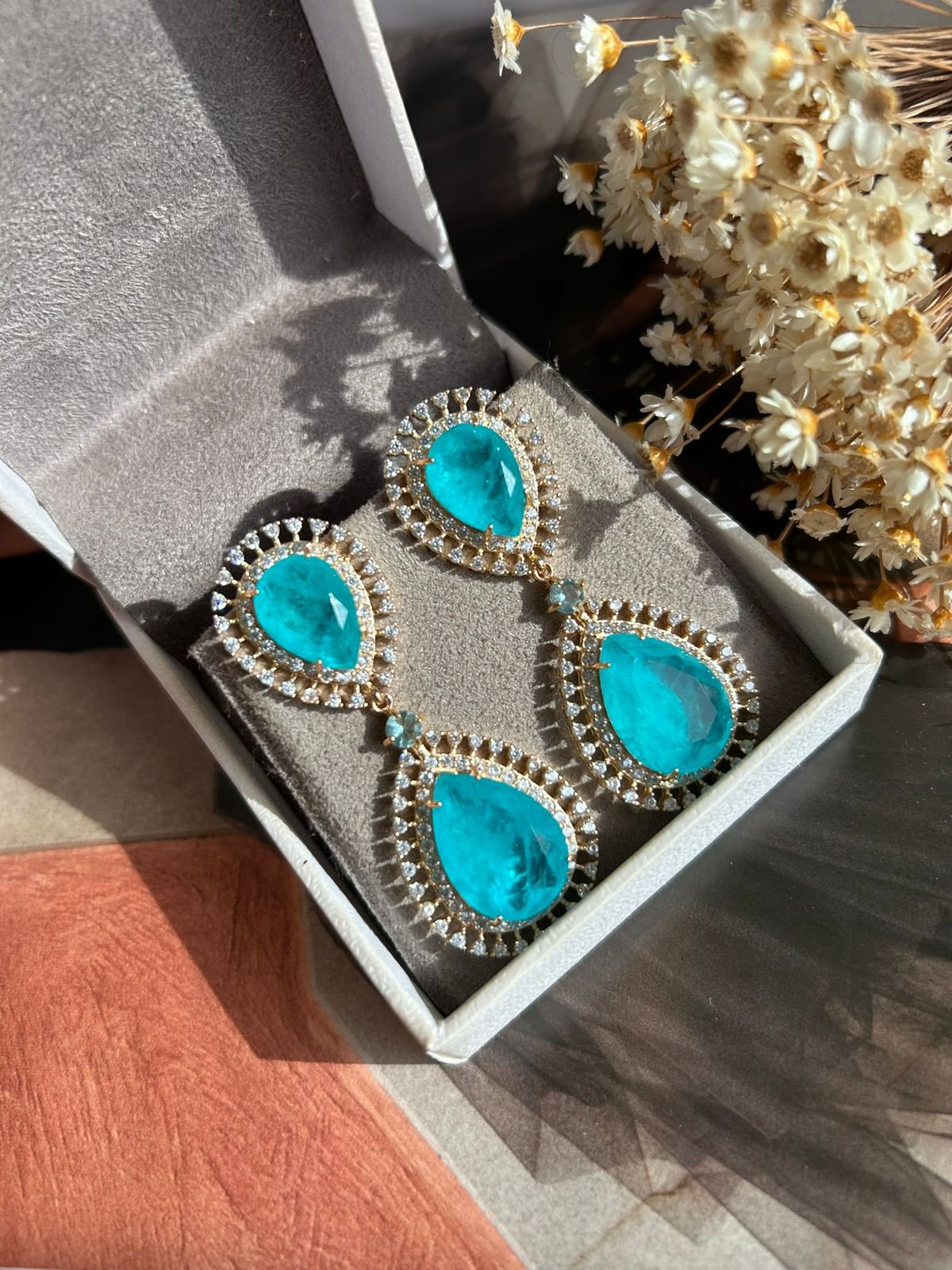 Conjunto Luxo Brinco e Colar Turmalina Azul