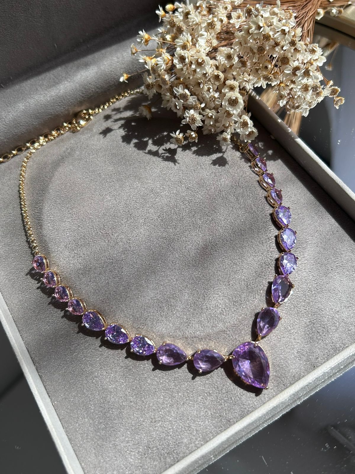 Colar Luxo Gotas Ametista Dourado