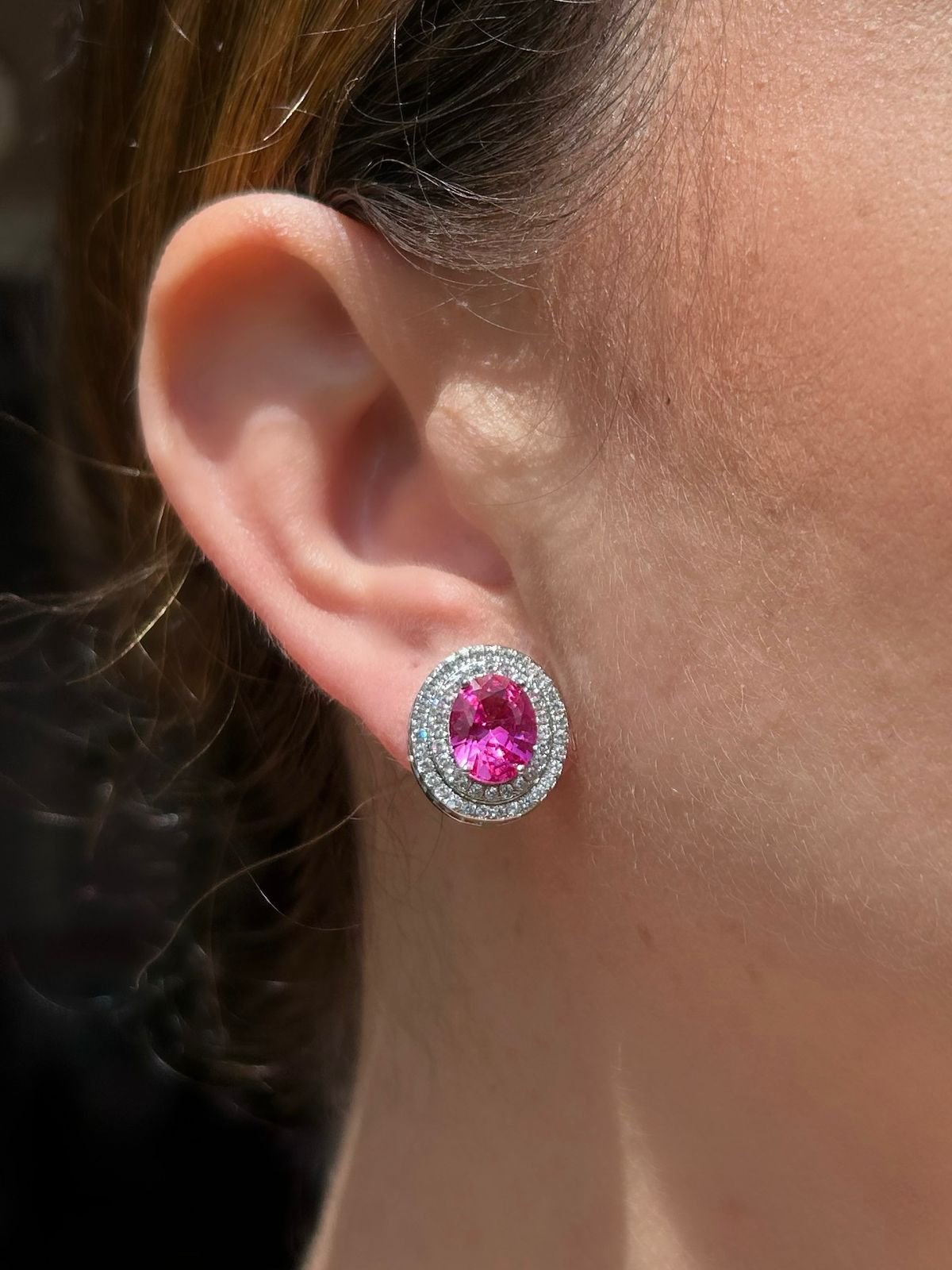 Conjunto Brinco e Colar Oval Safira Rosa/Pink Prateado