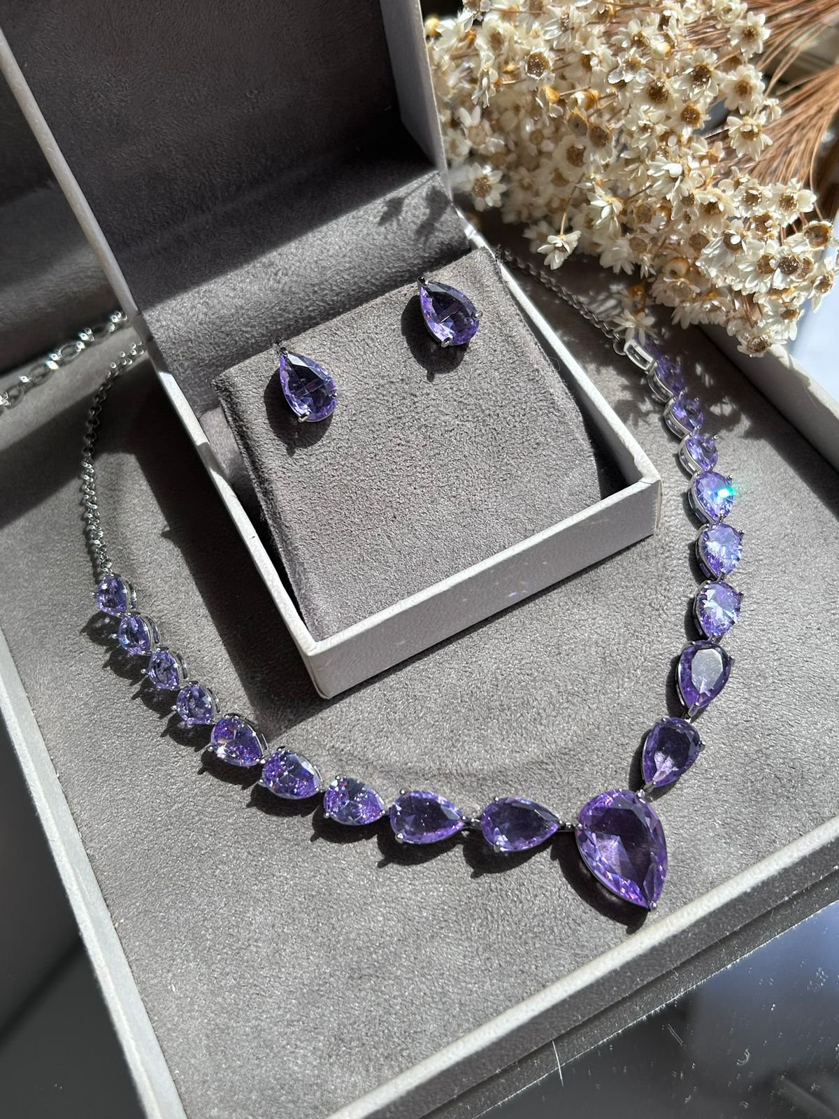 Conjunto Brinco e Colar Luxo Gotas Ametista Prateado