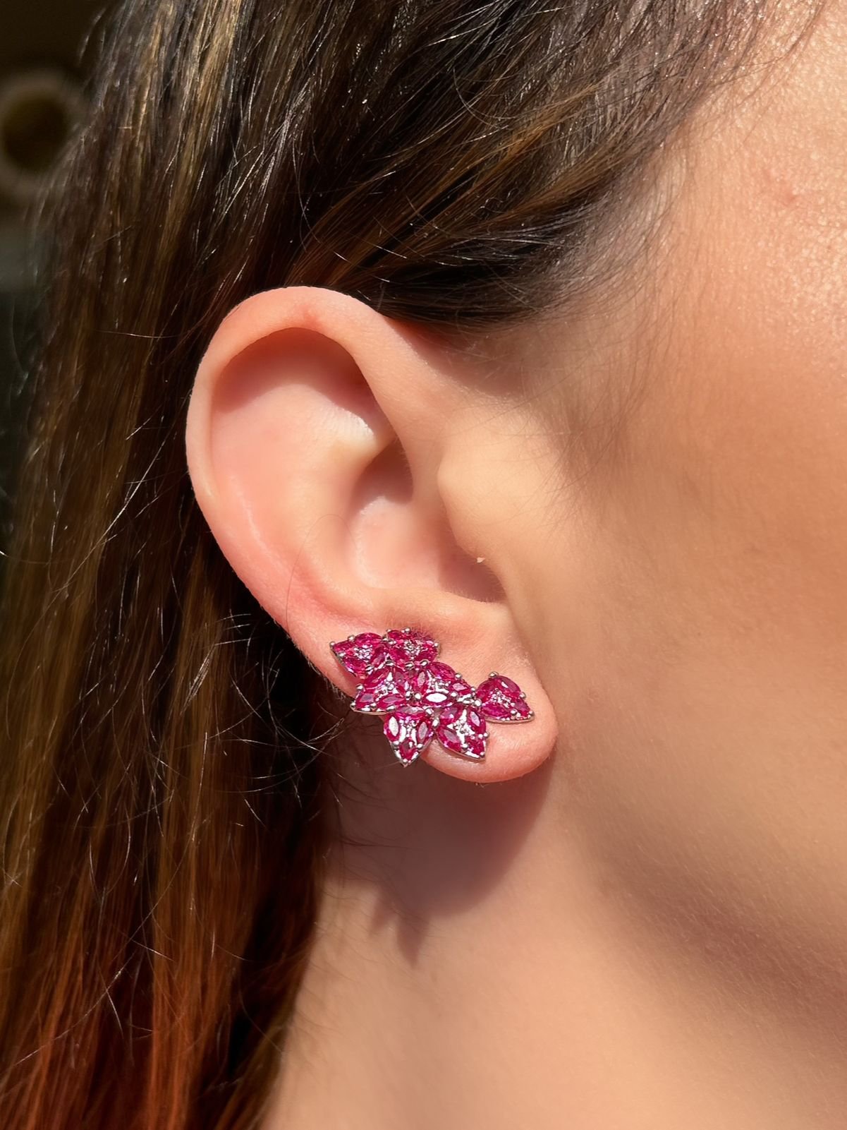 Brinco EarCuff Navetes Safira Rosa/Pink Ródio Branco