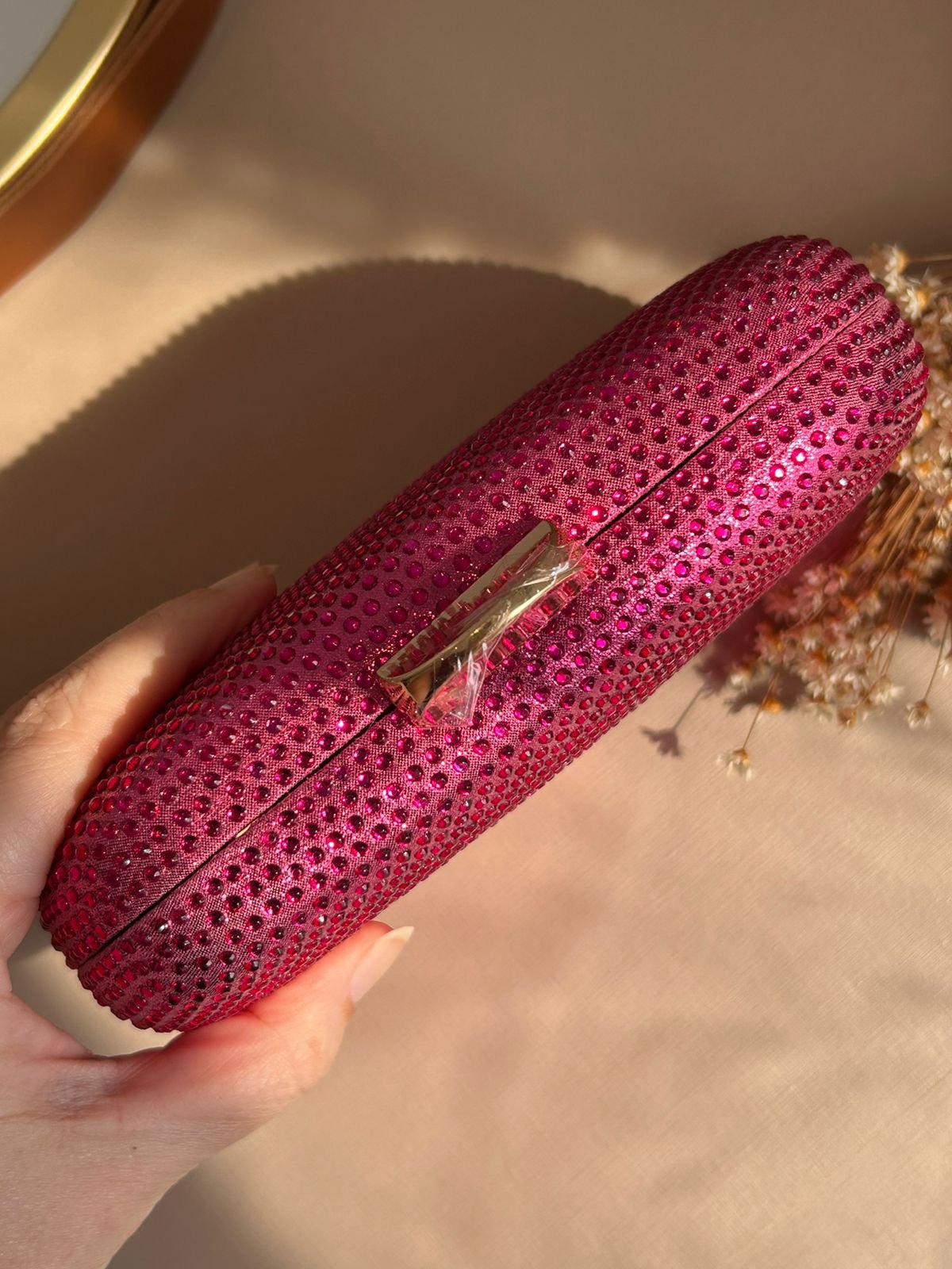 Clutch Cristais Fecho Achatado Pink Dourado