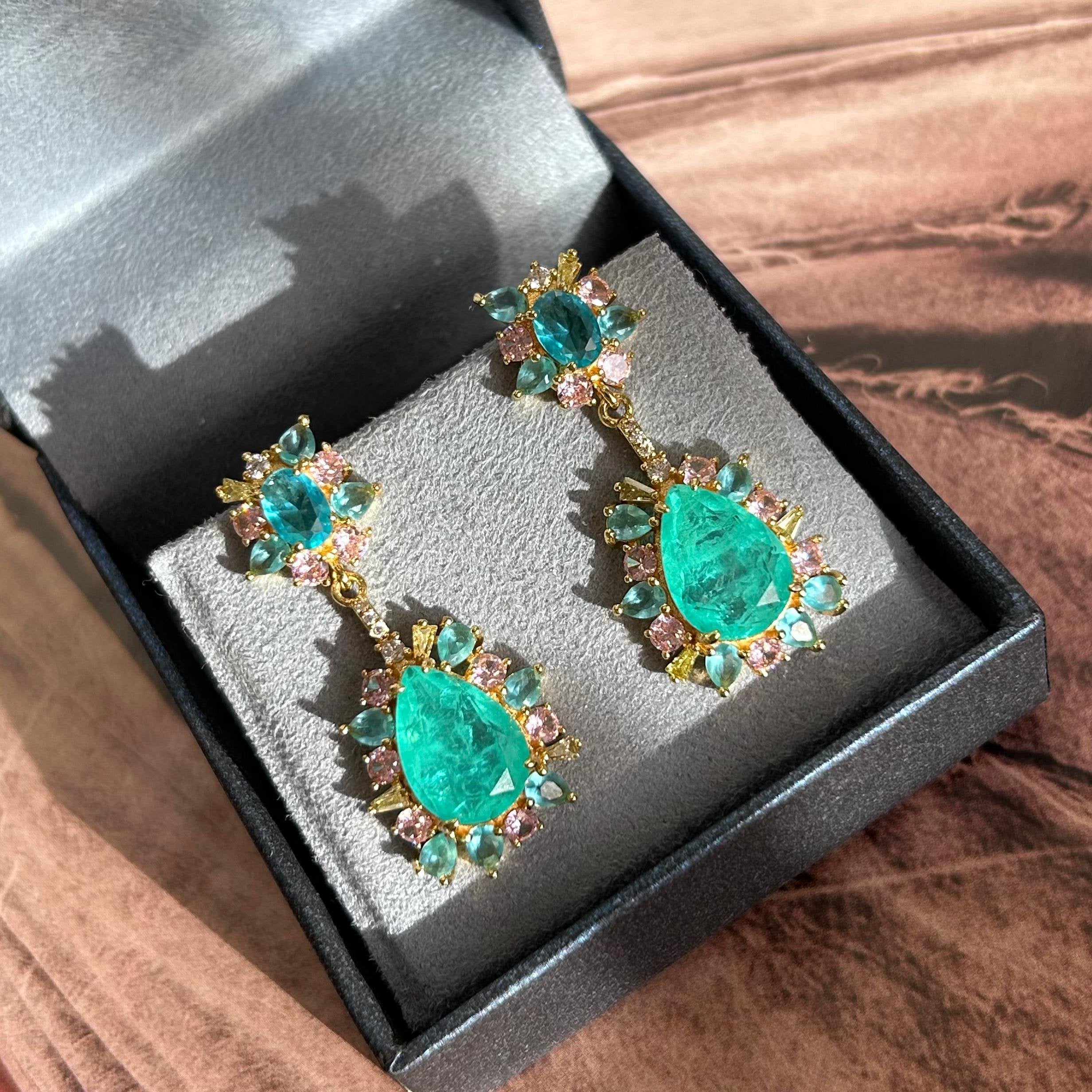 Brinco Turmalina e Zircônias Coloridas Banho Ouro