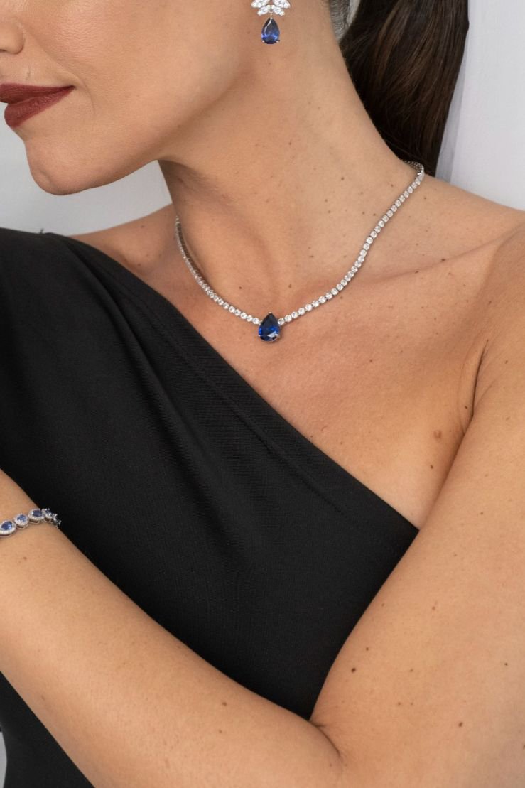 Colar Riviera Gota Safira Azul Ródio Branco