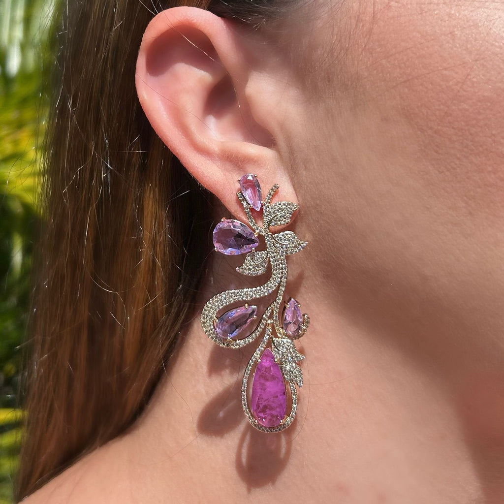 Conjunto Brinco e Anel Luxo Fúcsia e Ametista