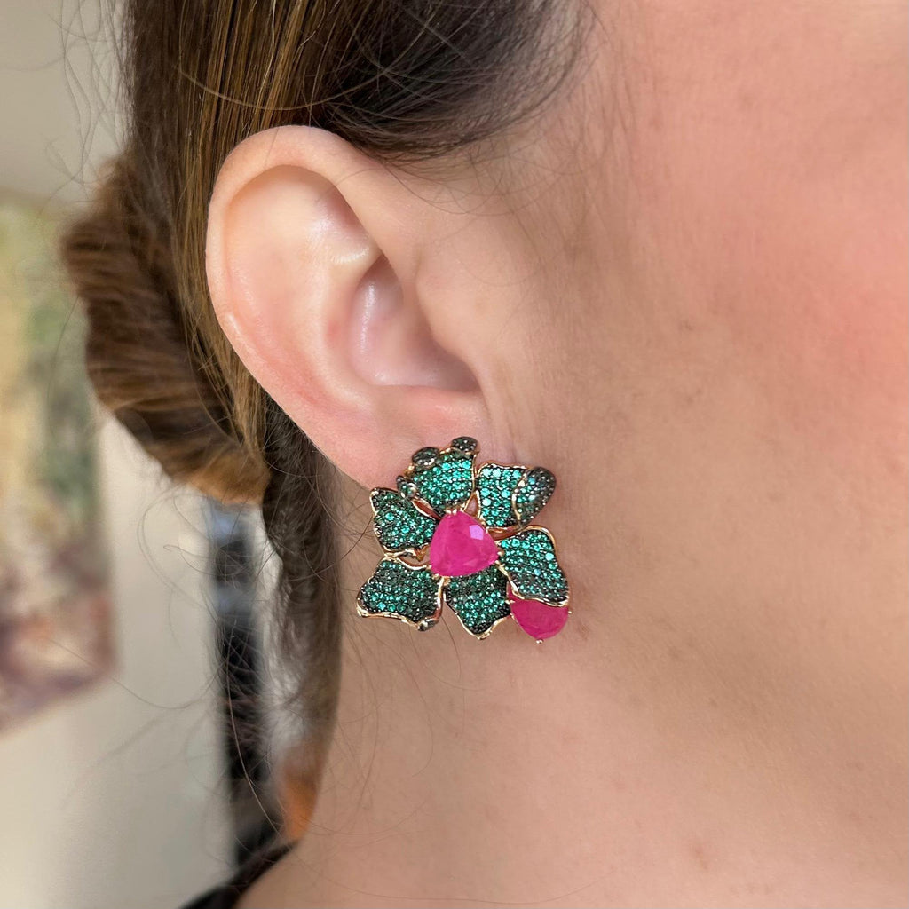 Brinco Flower Verde e Pink