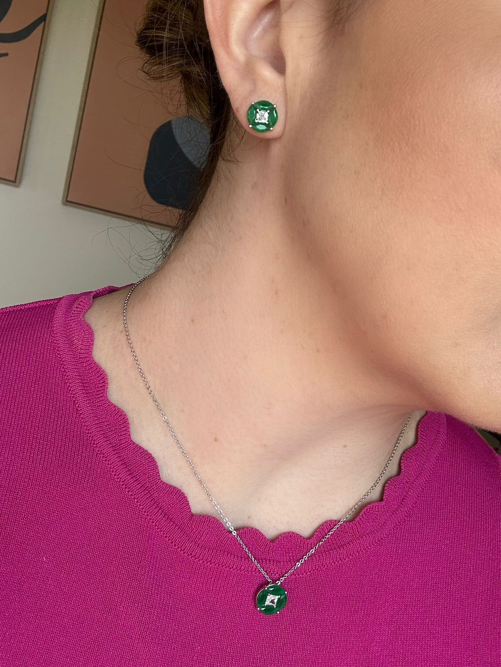 Conjunto Brinco e Colar Verde Esmeralda Banho Ródio Branco